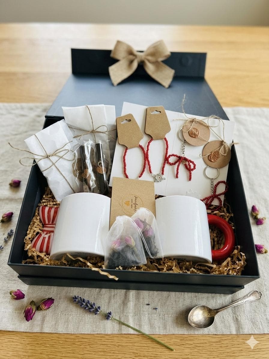 Matching Mugs, Bracelets, Keychains Gift Set for Friends – Rose Tea, Perfume Included