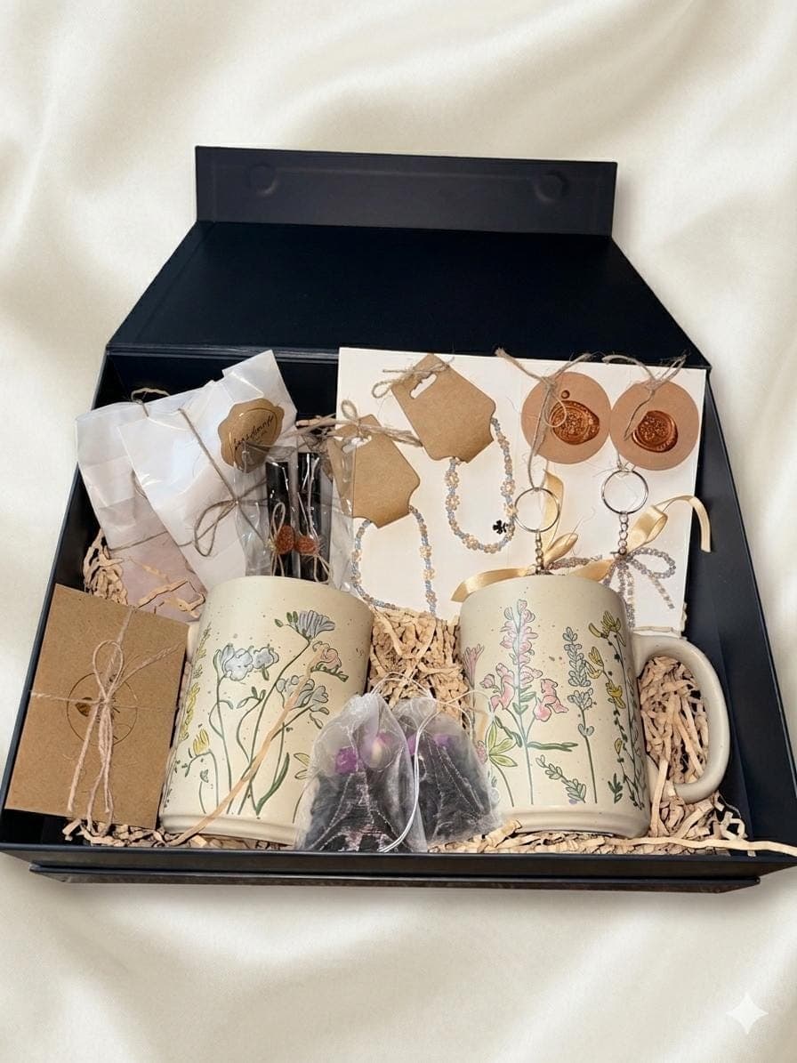 Matching Sister Friend Gift Box: Mugs, Bracelets, Keychains, Perfume, Rose Tea