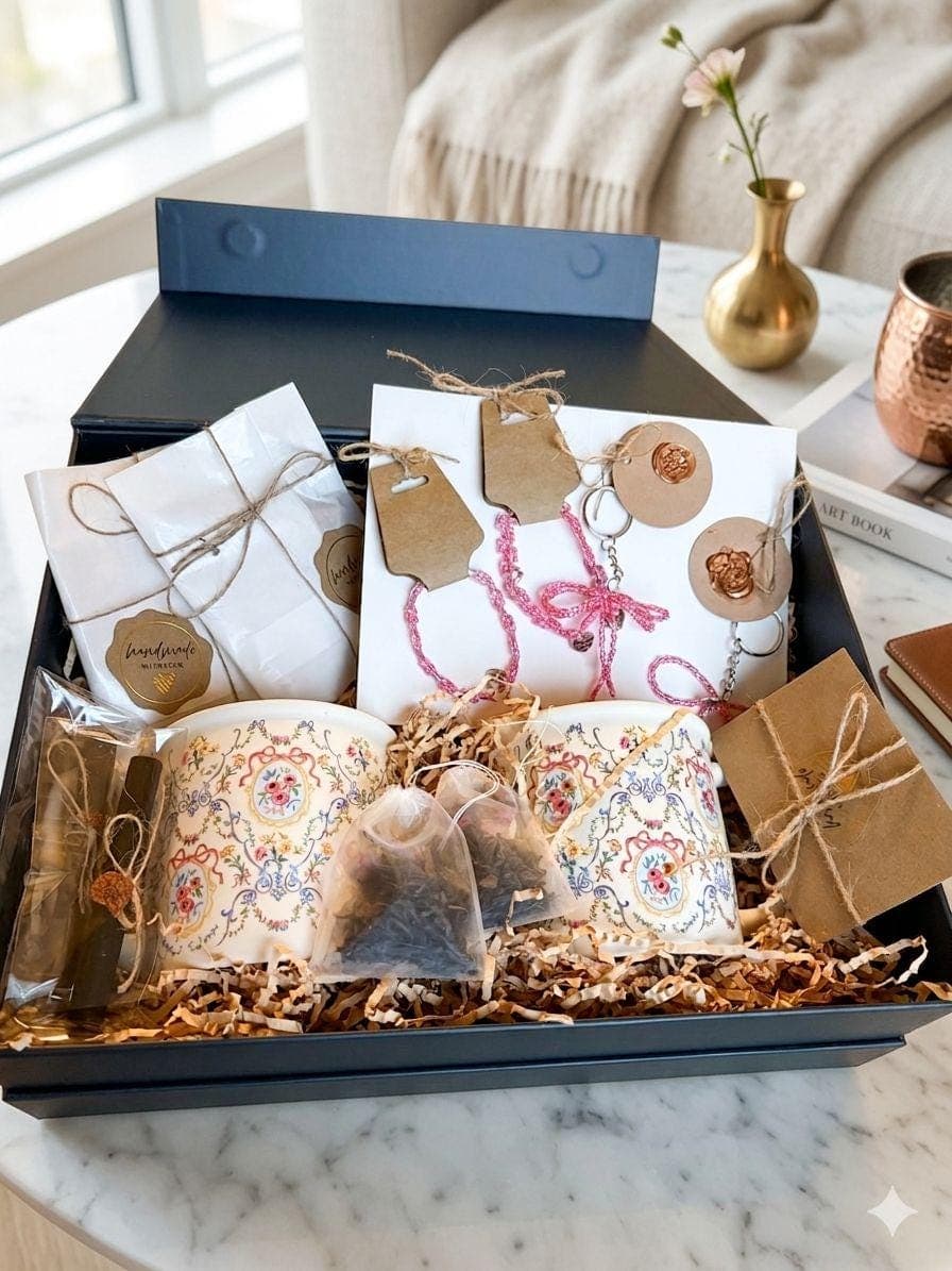 Sister Friend Gift Box: Matching Mugs, Bracelets, Keychains, Turkish Rose Tea
