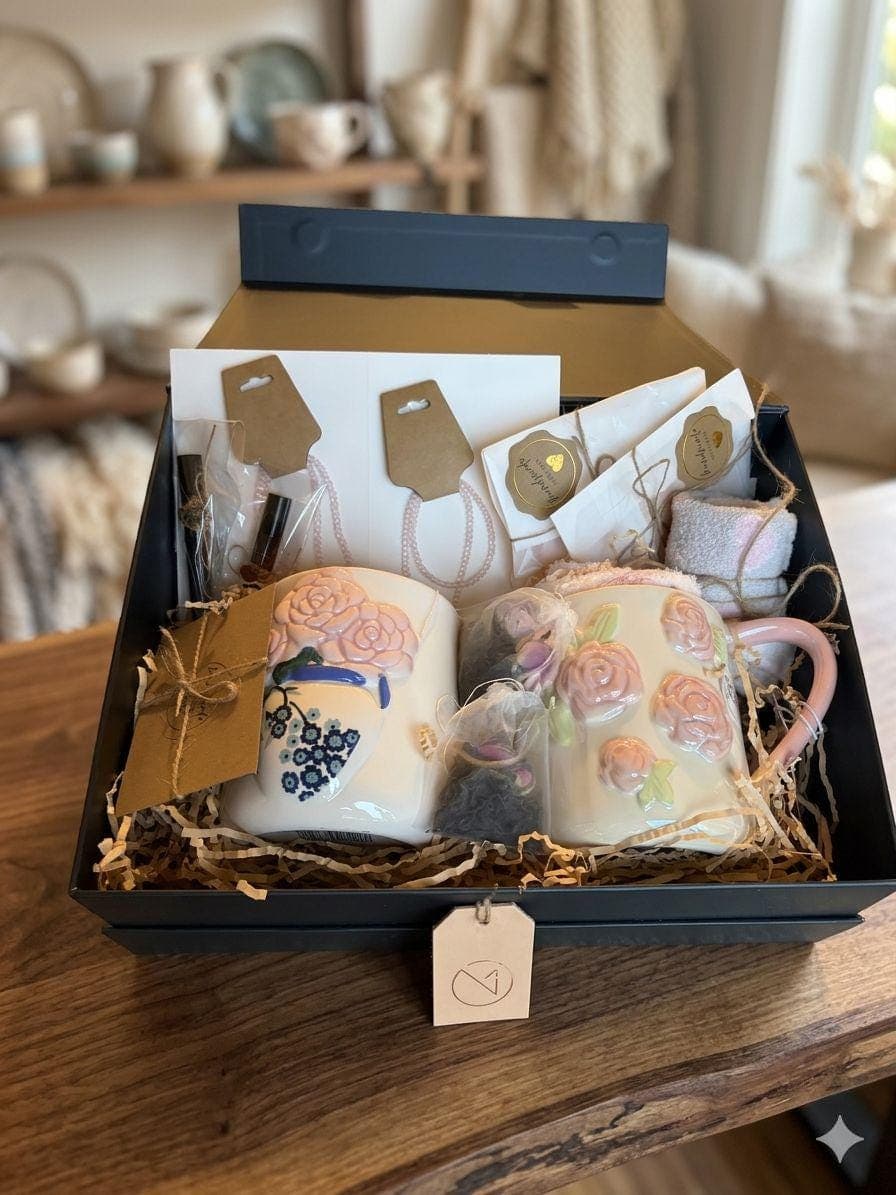 Sister Friend Gift Box: Matching Mugs, Bracelets, Socks, Rose Tea, Perfume