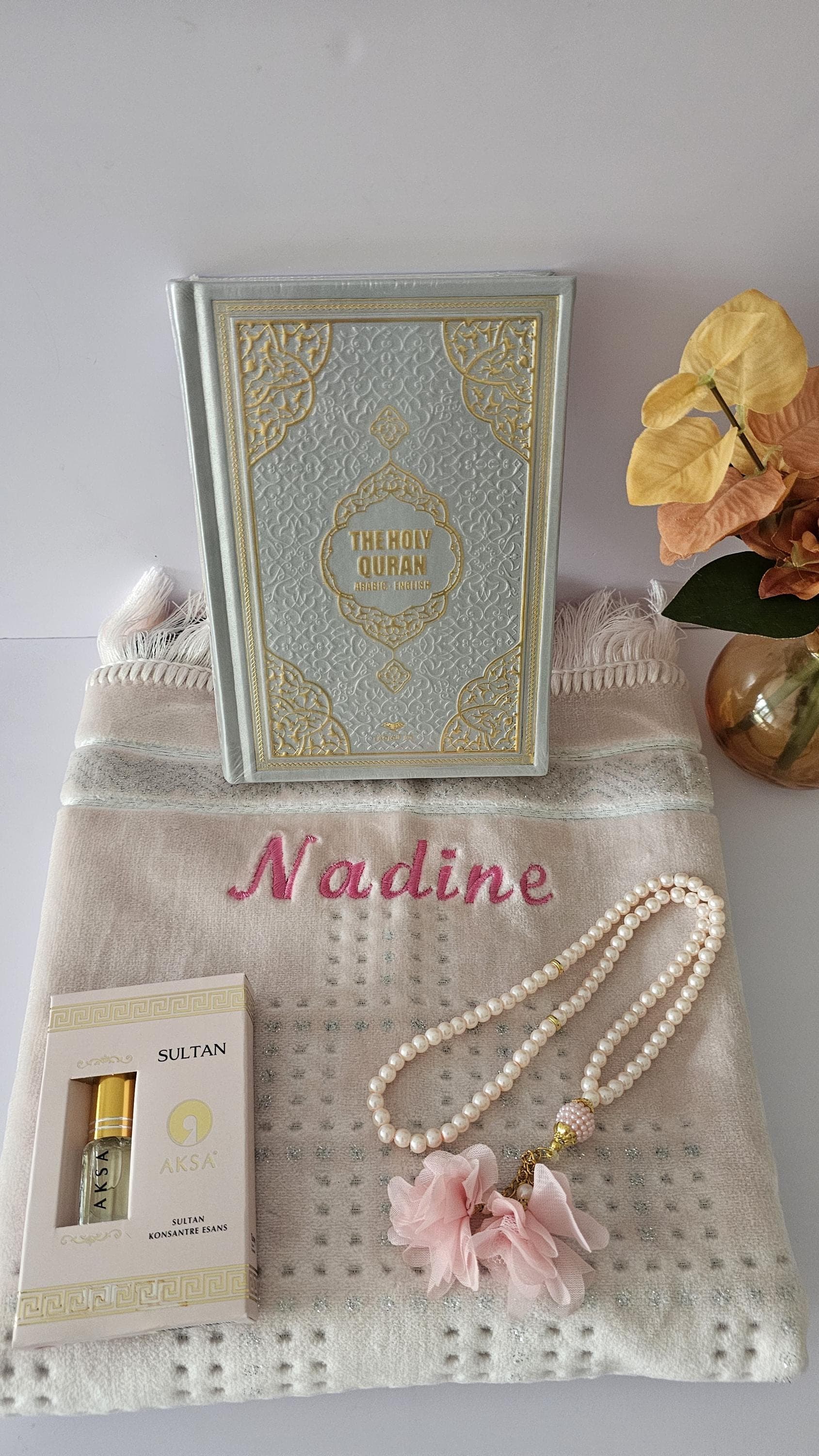 Personalized Islamic Gift Set:English Quran, Prayer Rug, Tasbih, Attar Oil - image 3