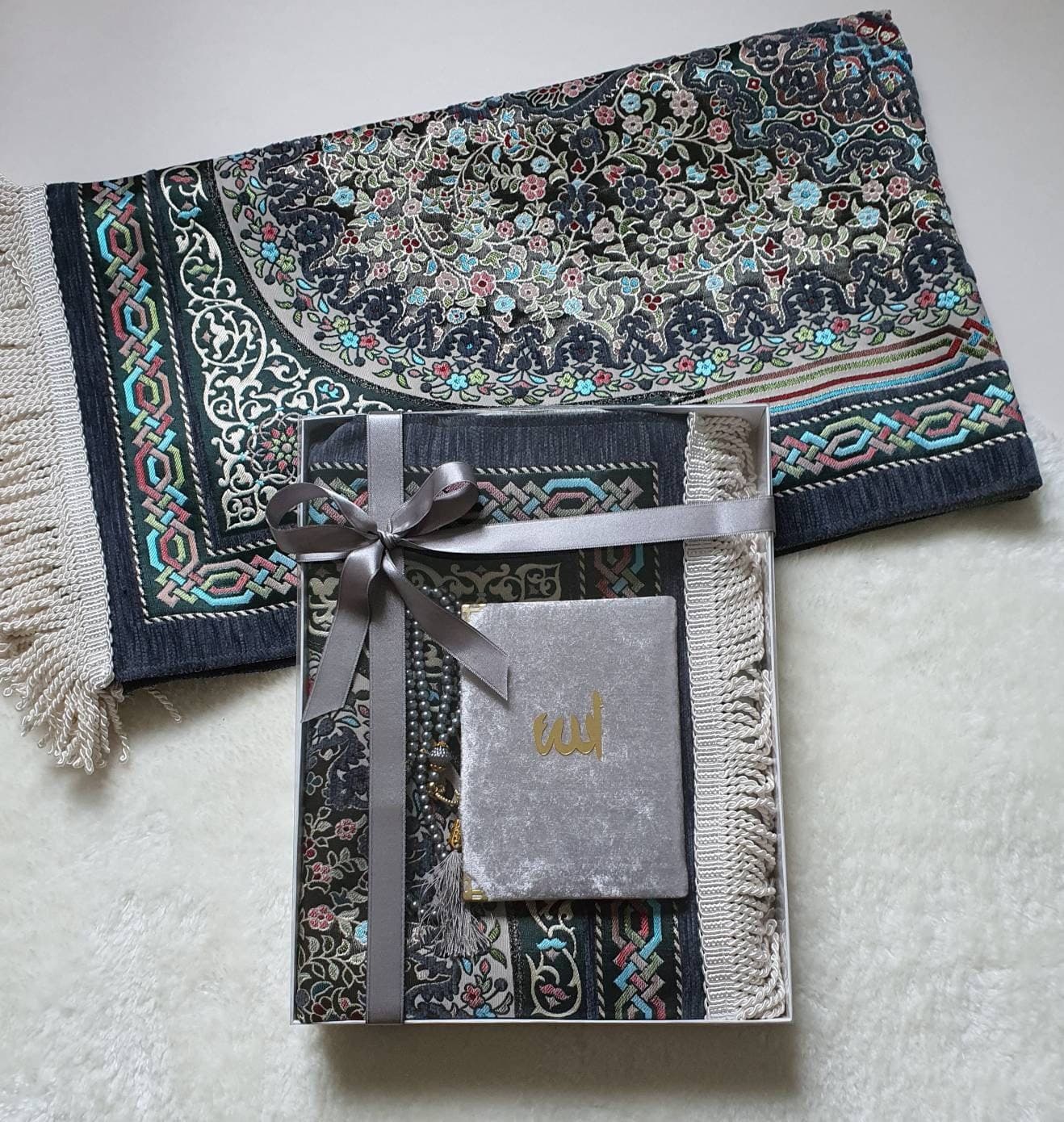 Grey Velvet Prayer Rug Gift Set | Quran, Islamic Wedding, Anniversary - image 3