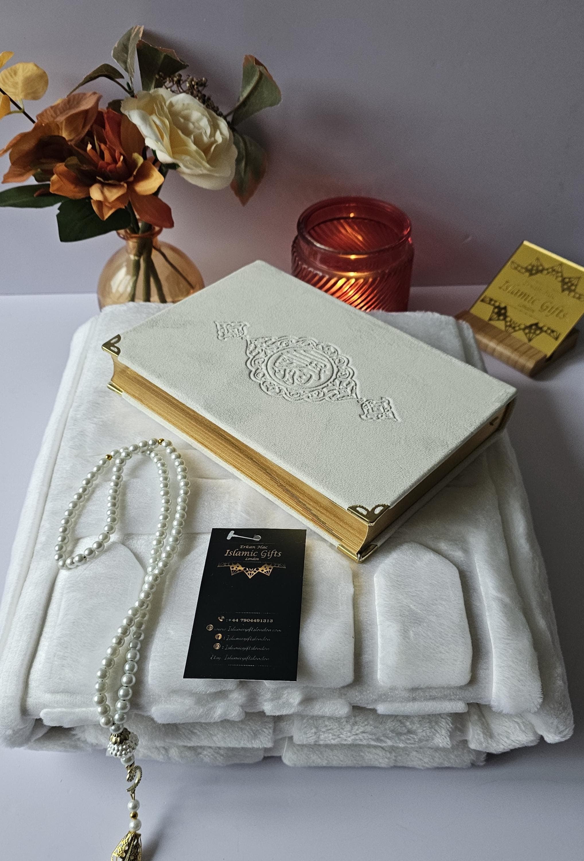 Velvet Quran Gift Set, Soft Prayer Mat, Pearl Tasbih, Islamic Eid Ramadan Gift