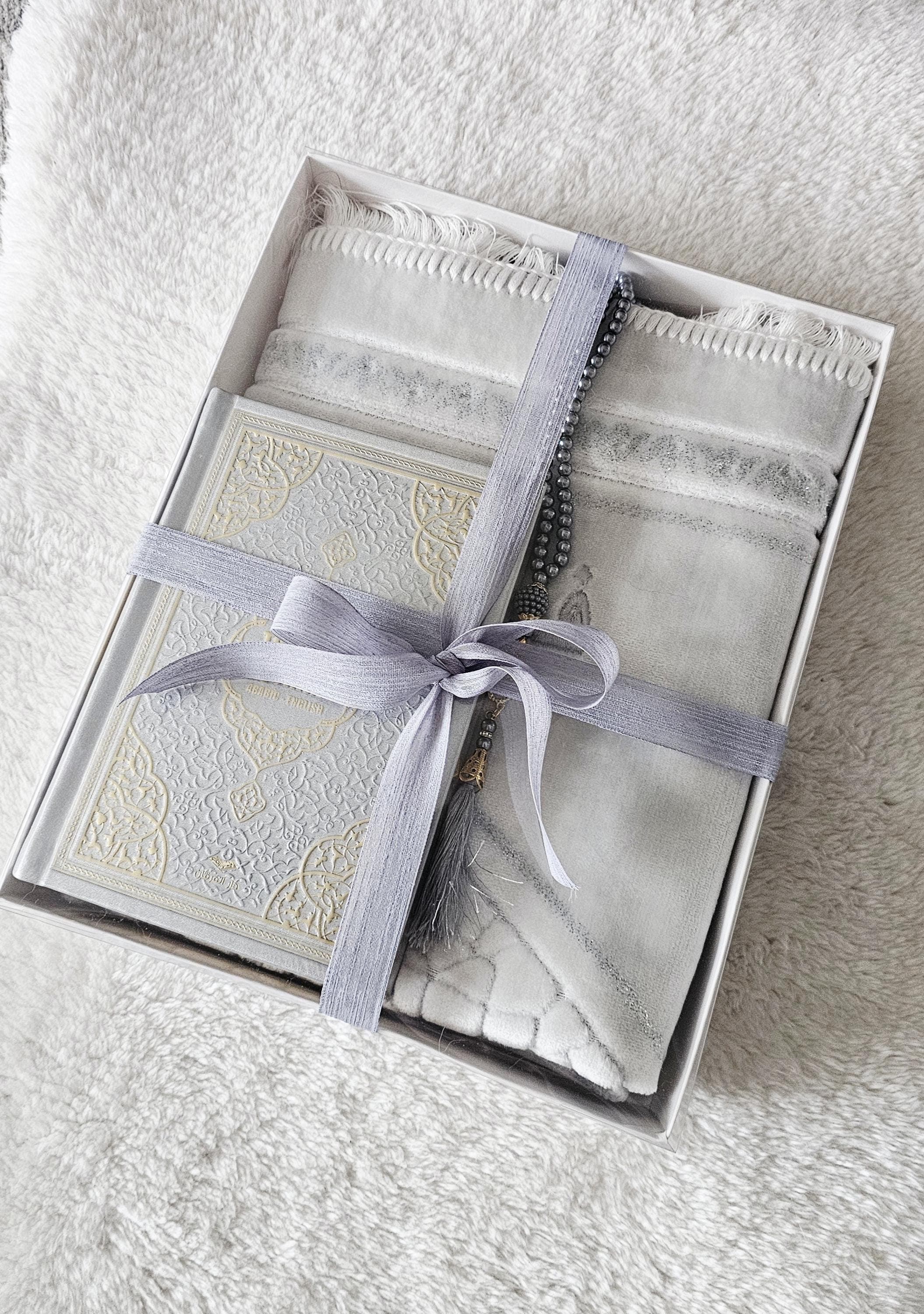 Custom Prayer Rug Set: English Arabic Translate Quran, Tasbih, Islamic Gift Box