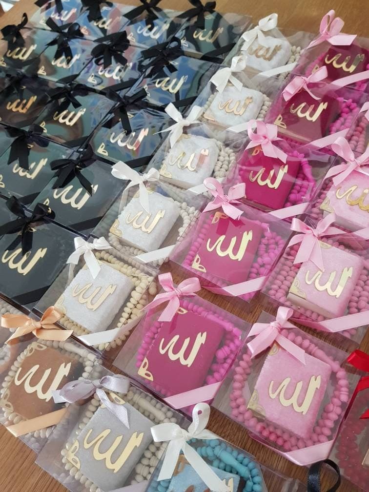 Mini Quran Set of 5: Velvet Cover, Pearl Tasbih - Islamic Gift