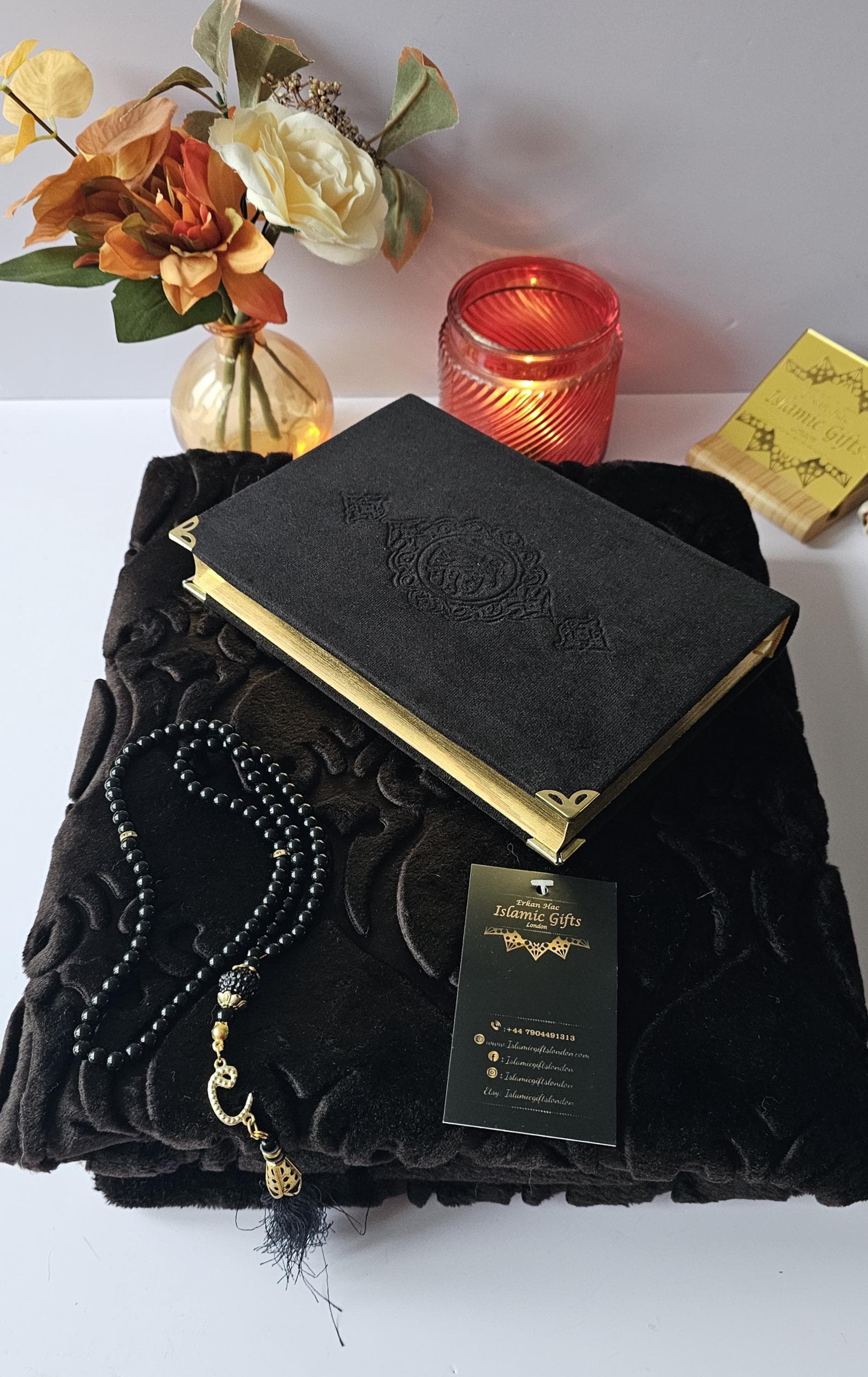 Velvet Quran Gift Set, Soft Prayer Mat, Pearl Tasbih, Islamic Eid Ramadan Gift