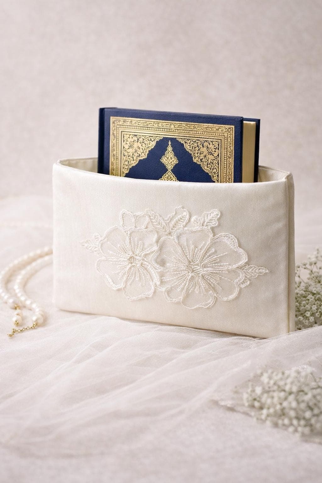 Luxury Lace Quran Cover – Large Floral Guipure Islamic Book Sleeve – Satin Applique Case - image 3