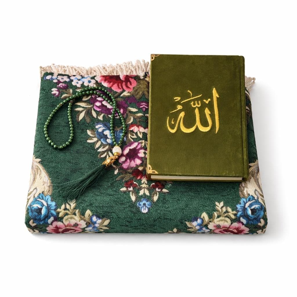 Green Prayer Rug & Big Size Velvet Quran Set with Tasbih – Islamic Gift