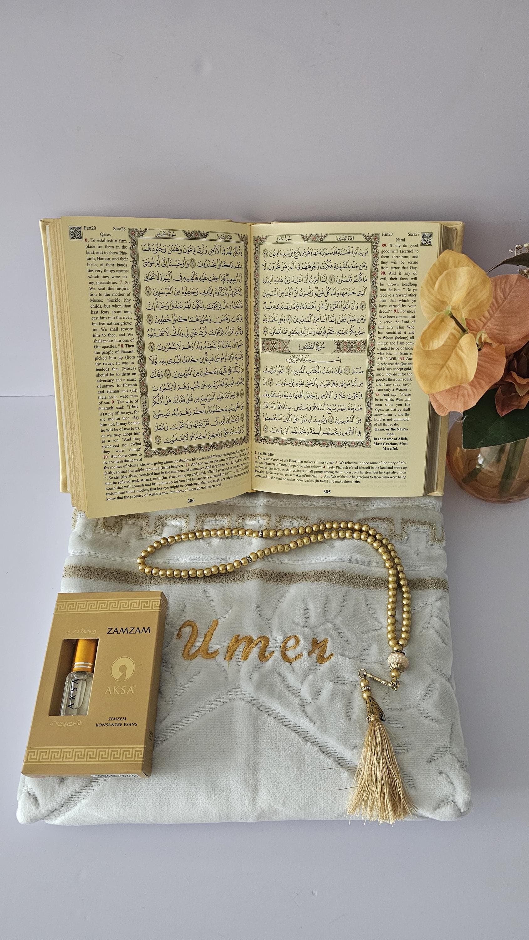 Personalized Islamic Gift Set:English Quran, Prayer Rug, Tasbih, Attar Oil - image 5