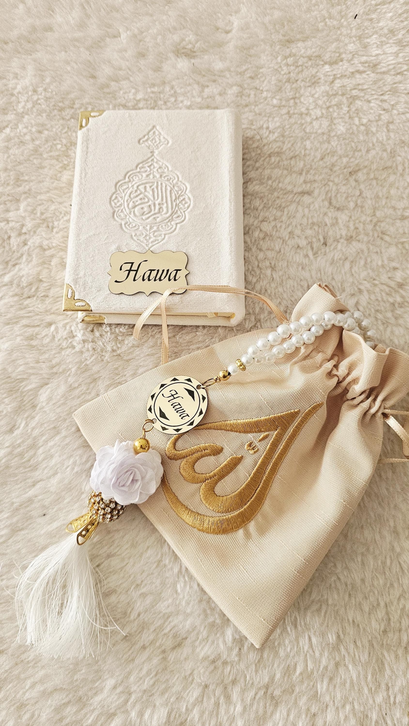 Custom Velvet Quran Gift Set: Pocket Size, Pearl Tasbeeh - image 3
