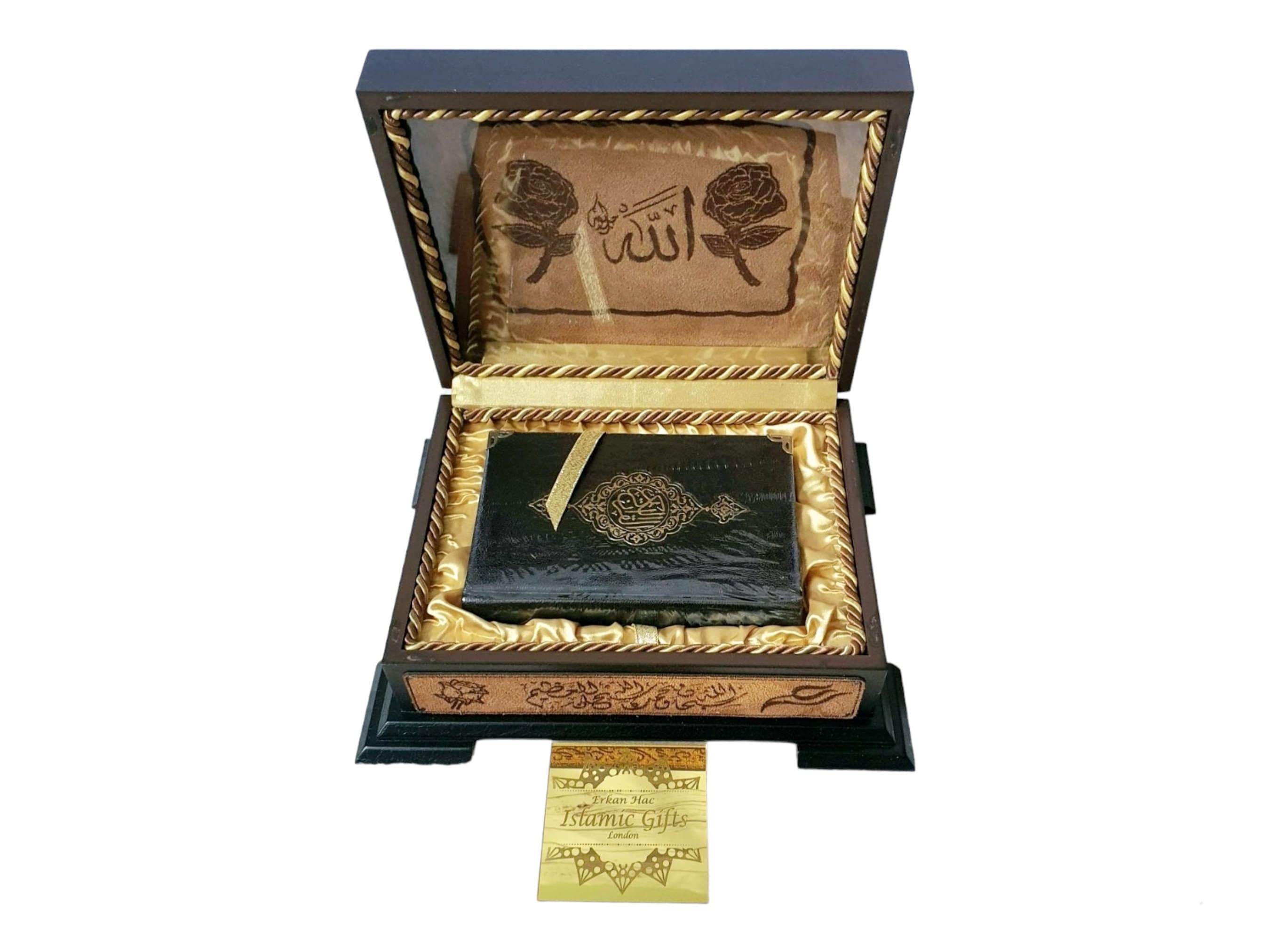 Handmade wooden chest ,velvet touched outside cover,inside satin covered also decorated handmade rose picture inside. Faux Leather Quran book Perfect Islamic Luxury unforgettable gift, anniversary, wedding, nikkah,hajj, eid ramadan gift