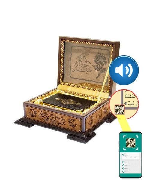 Handmade wooden chest ,velvet touched outside cover,inside satin covered also decorated handmade rose picture inside. Faux Leather Quran book Perfect Islamic Luxury unforgettable gift, anniversary, wedding, nikkah,hajj, eid ramadan gift