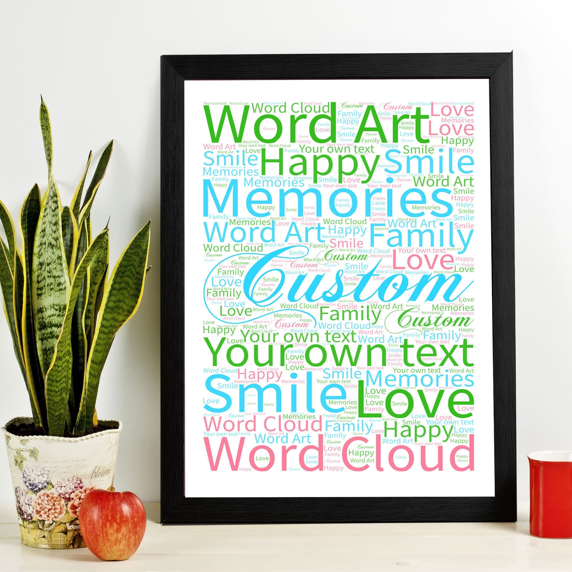 A versatile collection of custom word art prints in various shapes, including a heart, a dancer, and a rose. Each design is filled with colourful personalised typography and displayed in high-quality wooden frames, showcasing customisable options for any occasion.
