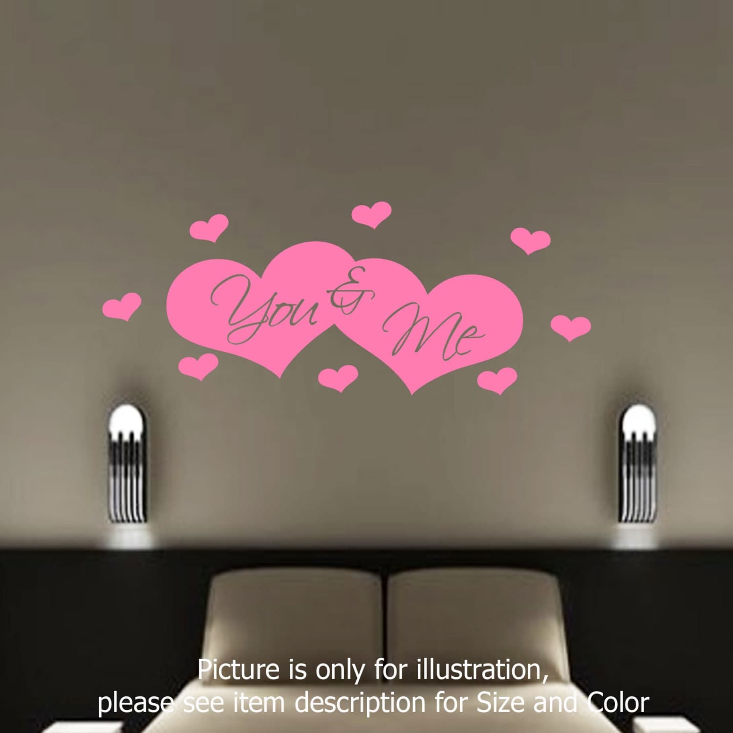 You and Me love heart shape Bedroom Wall vinyl stickers romantic Quote decals - image 4