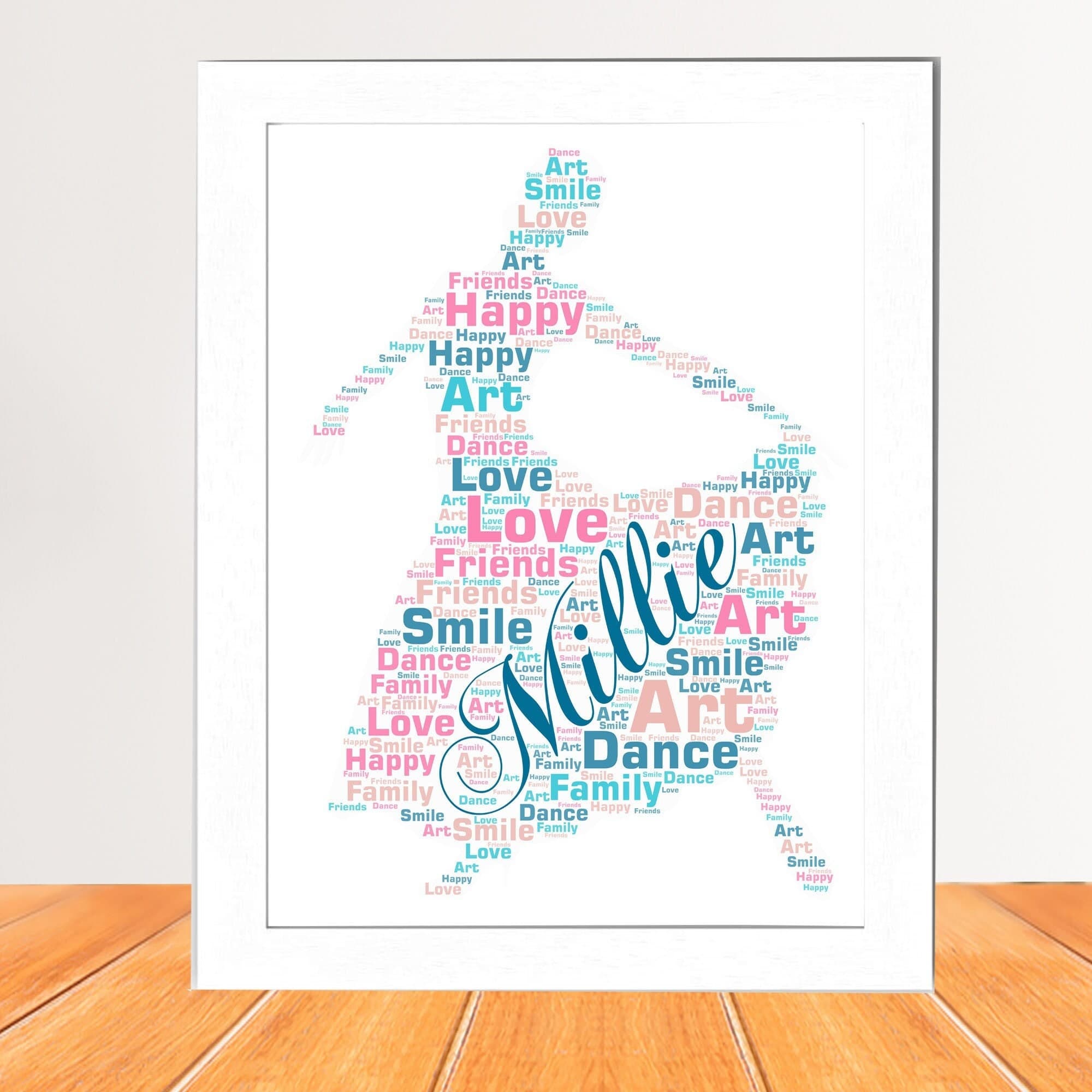 A custom word art print featuring a silhouette of a ballerina in a graceful dance pose. The figure is filled with colourful personalised words like "Daughter", "Recital", and "Graceful". The artwork is displayed in various frame colours including Black Wood and Deep French Oak.
