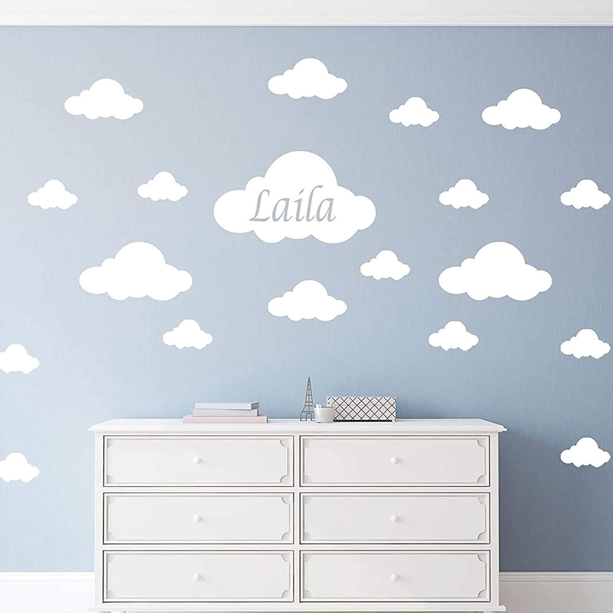 Cloud Wall Stickers Set of 30 | Kids Nursery Decor | Custom Name Cloud Decals for Boys & Girls Bedrooms | White Cloud Mural Wall Art