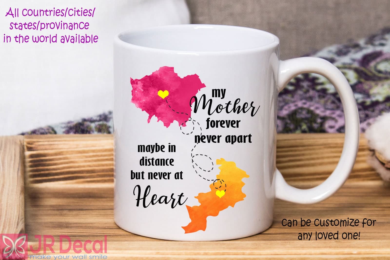 Personalised Long Distance Mum Mug, Moving Away Gift, Custom Map Mother Coffee Cup, Ceramic