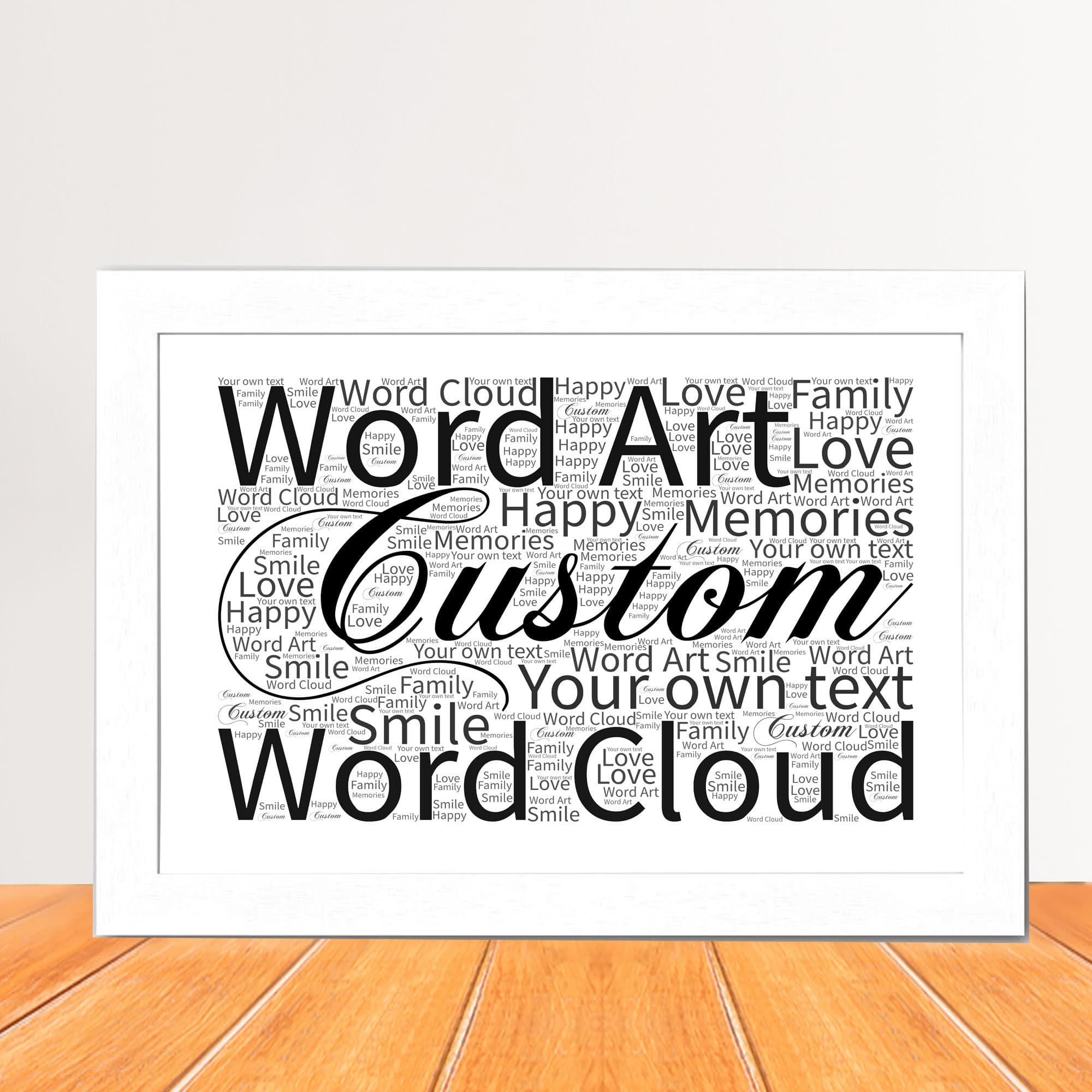 A versatile collection of custom word art prints in various shapes, including a heart, a dancer, and a rose. Each design is filled with colourful personalised typography and displayed in high-quality wooden frames, showcasing customisable options for any occasion.