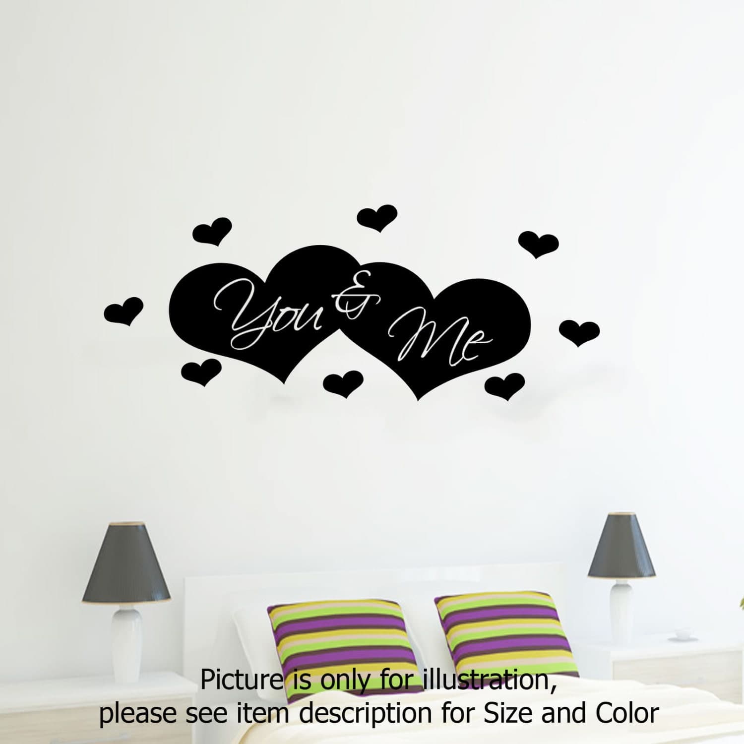 You and Me love heart shape Bedroom Wall vinyl stickers romantic Quote decals - image 3