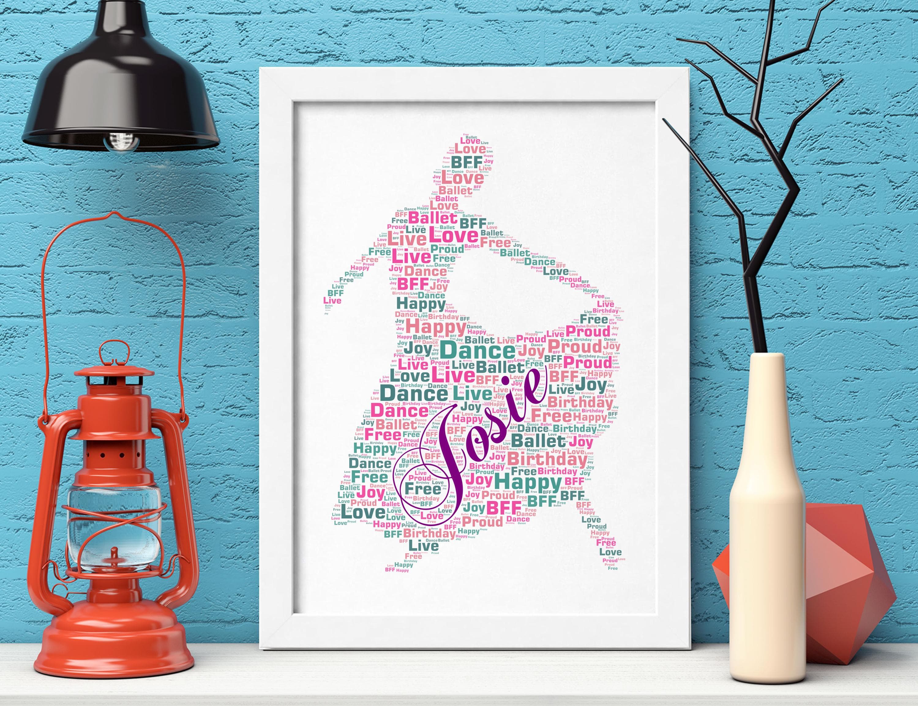 Personalised Dancer Word Art, Custom Ballerina Silhouette Gift, Unique Ballet Typography Framed Wall Print