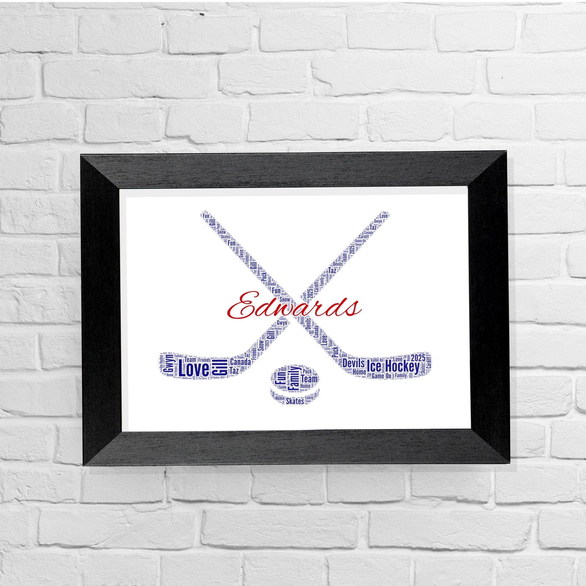 Personalised Hockey stick print word Art, Custom name Hockey puck print gift, Sports farewell gift for team player and coach Framed Unframed