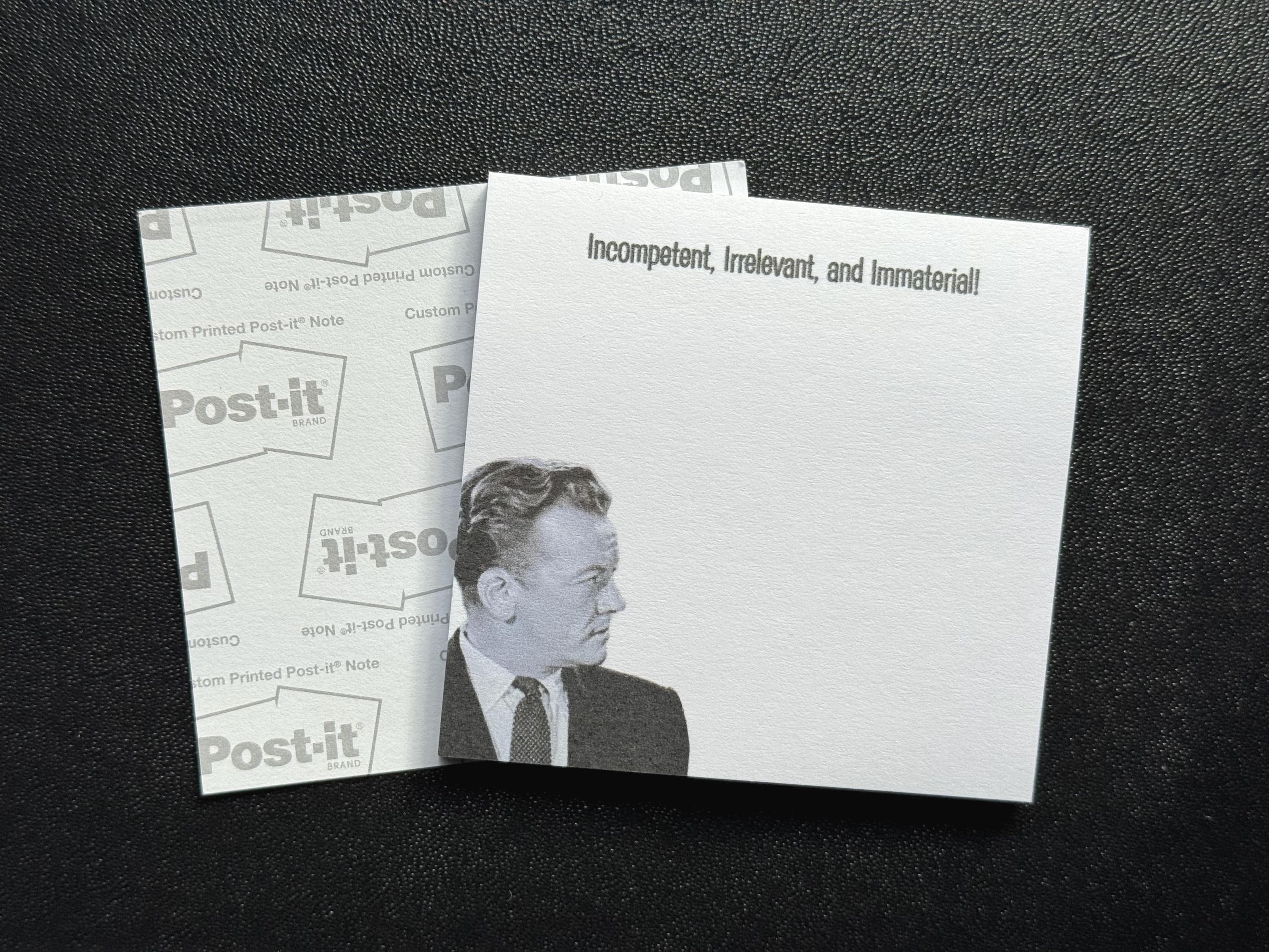 Perry Mason Post-It Notepad, Incompetent, Irrelevant, Immaterial, Hamilton Burger, William Talman, Raymond Burr