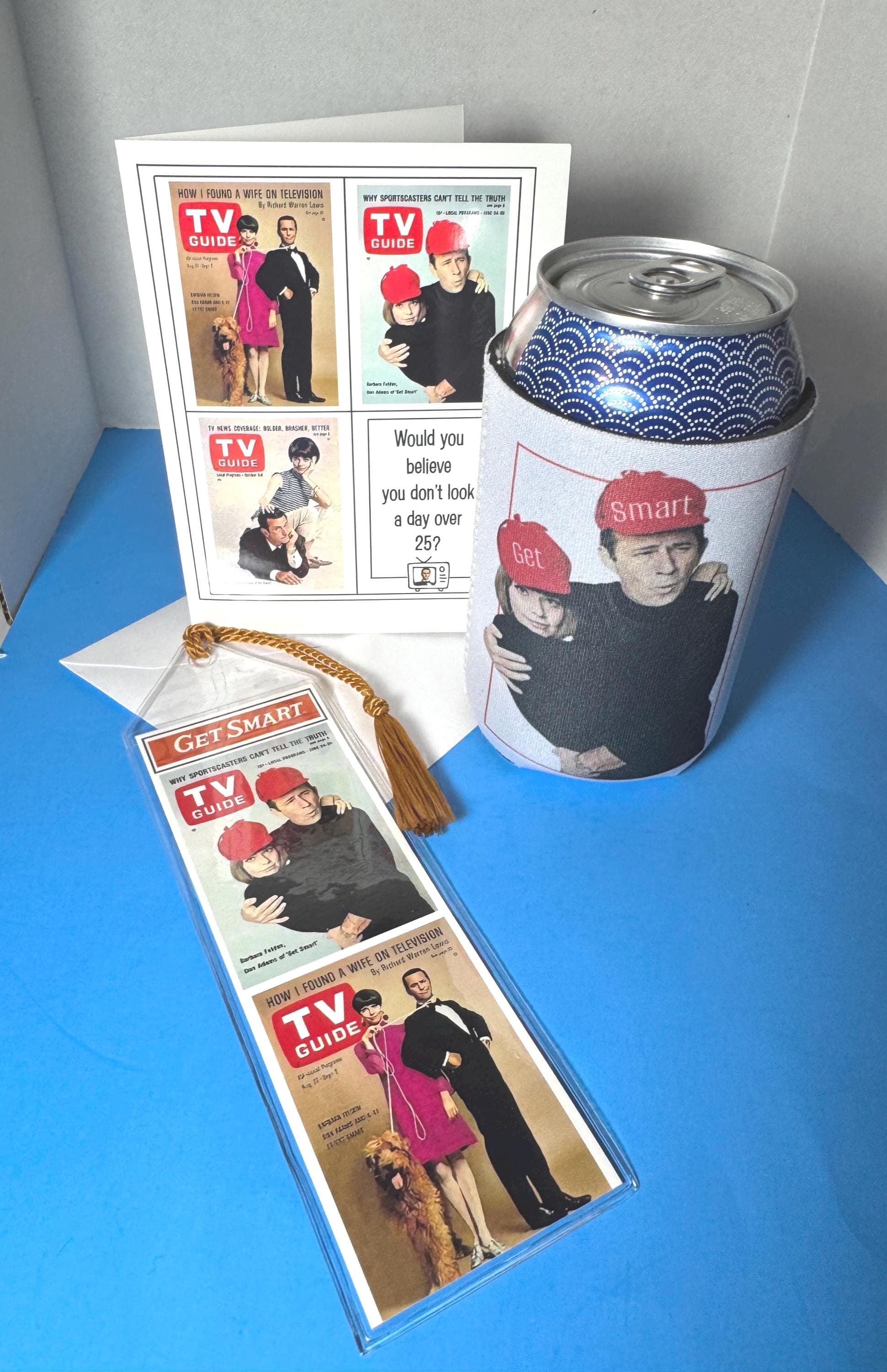 Get Smart Gift Set, Get Smart Can Cooler, Get Smart Bookmark, Maxwell Smart, Agent 99, Barbara Feldon, Baby Boomer Gift