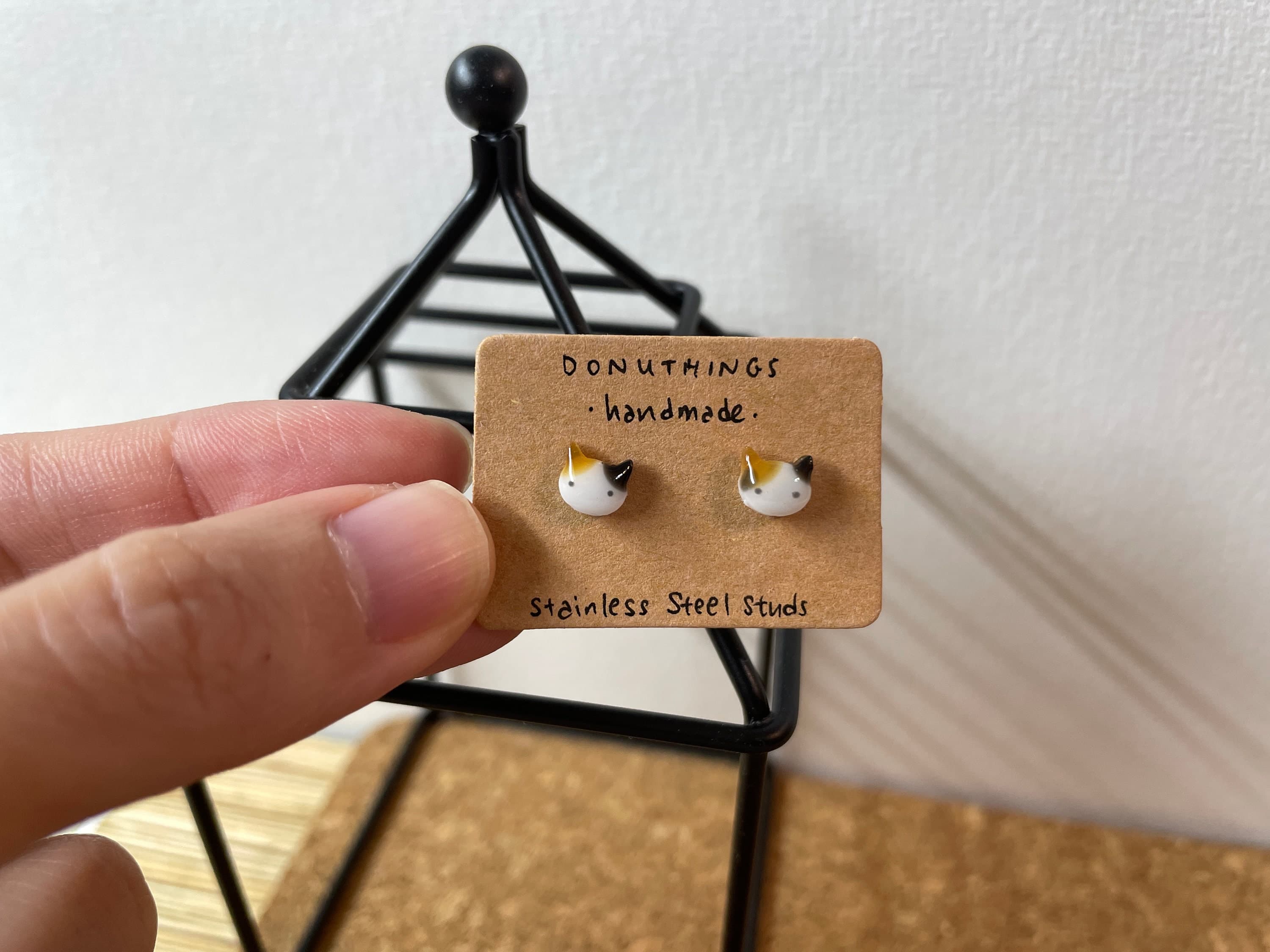 Handmade Calico Cat Stud Earrings, Stainless Steel - image 4
