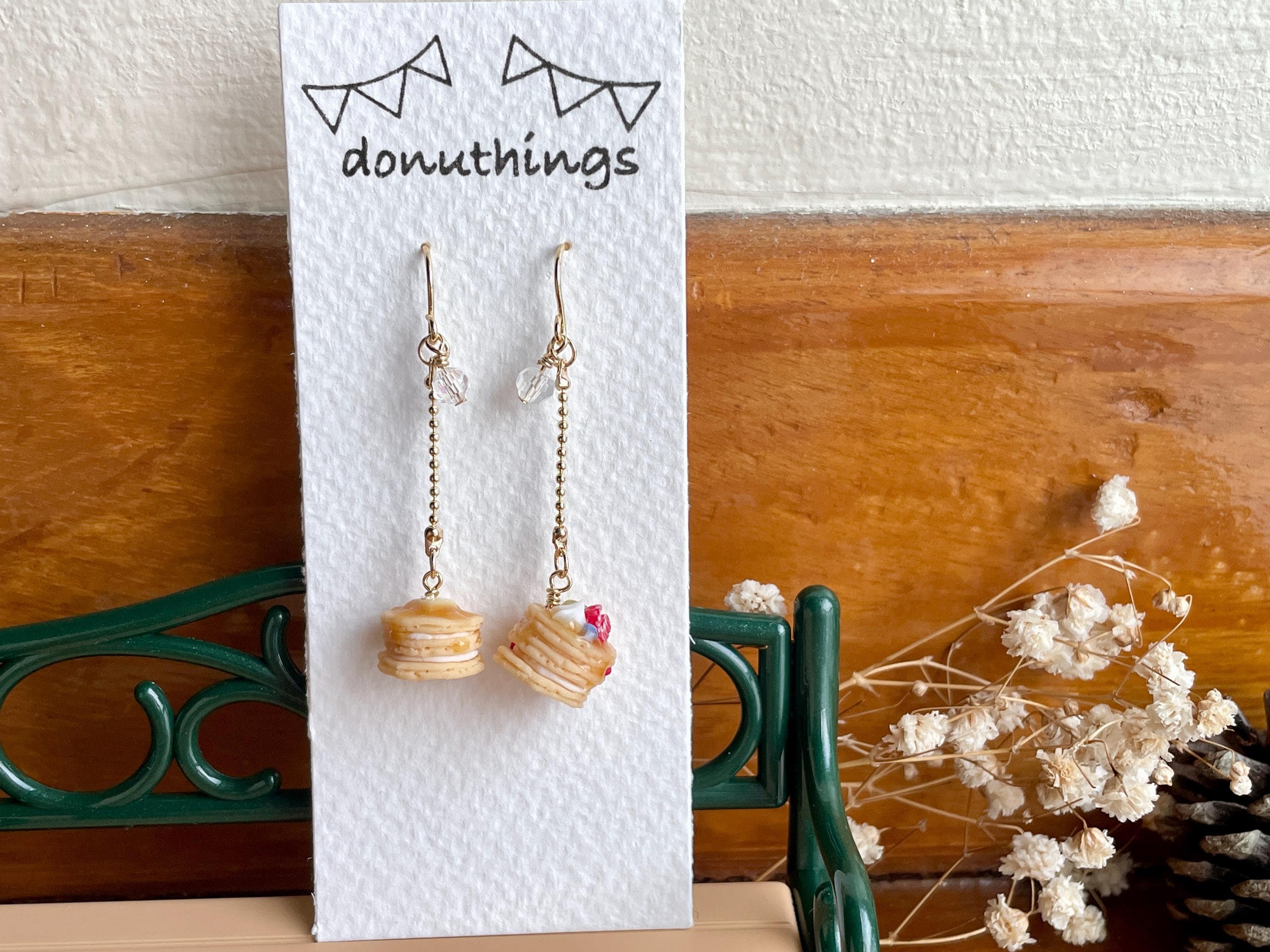 Miniature Pancake Earrings, Fruit Butter Topping, 14KGP Dangle Earrings