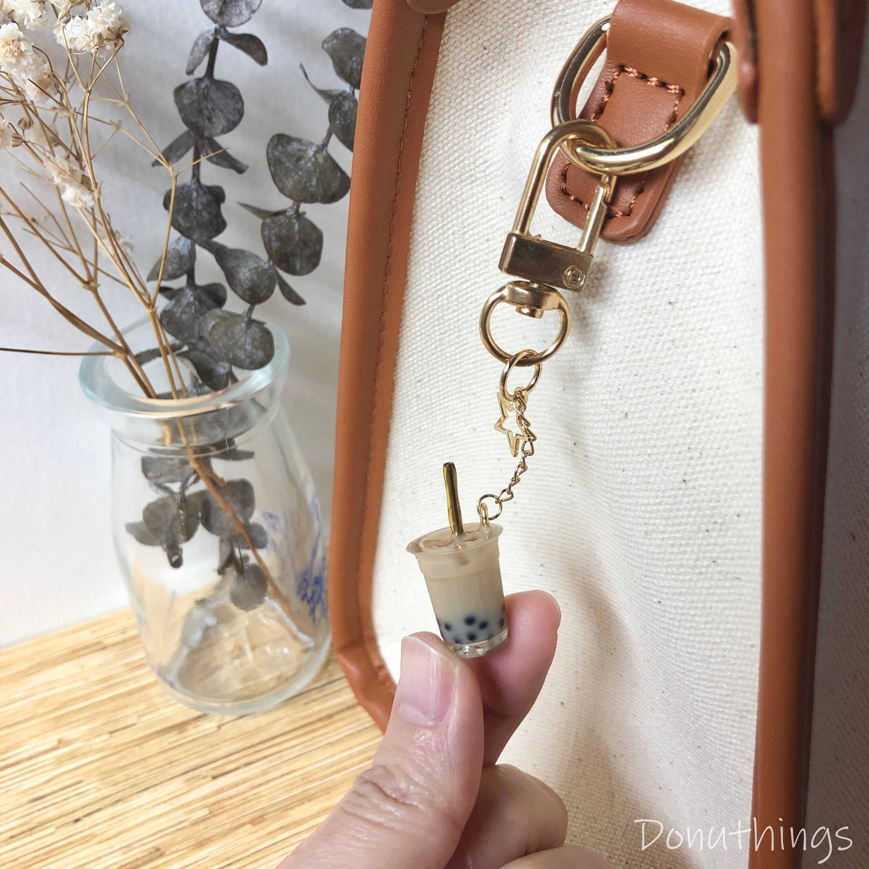 Boba Milk Tea Keychain, 14k Gold Plated, Handmade Resin Charm - image 3