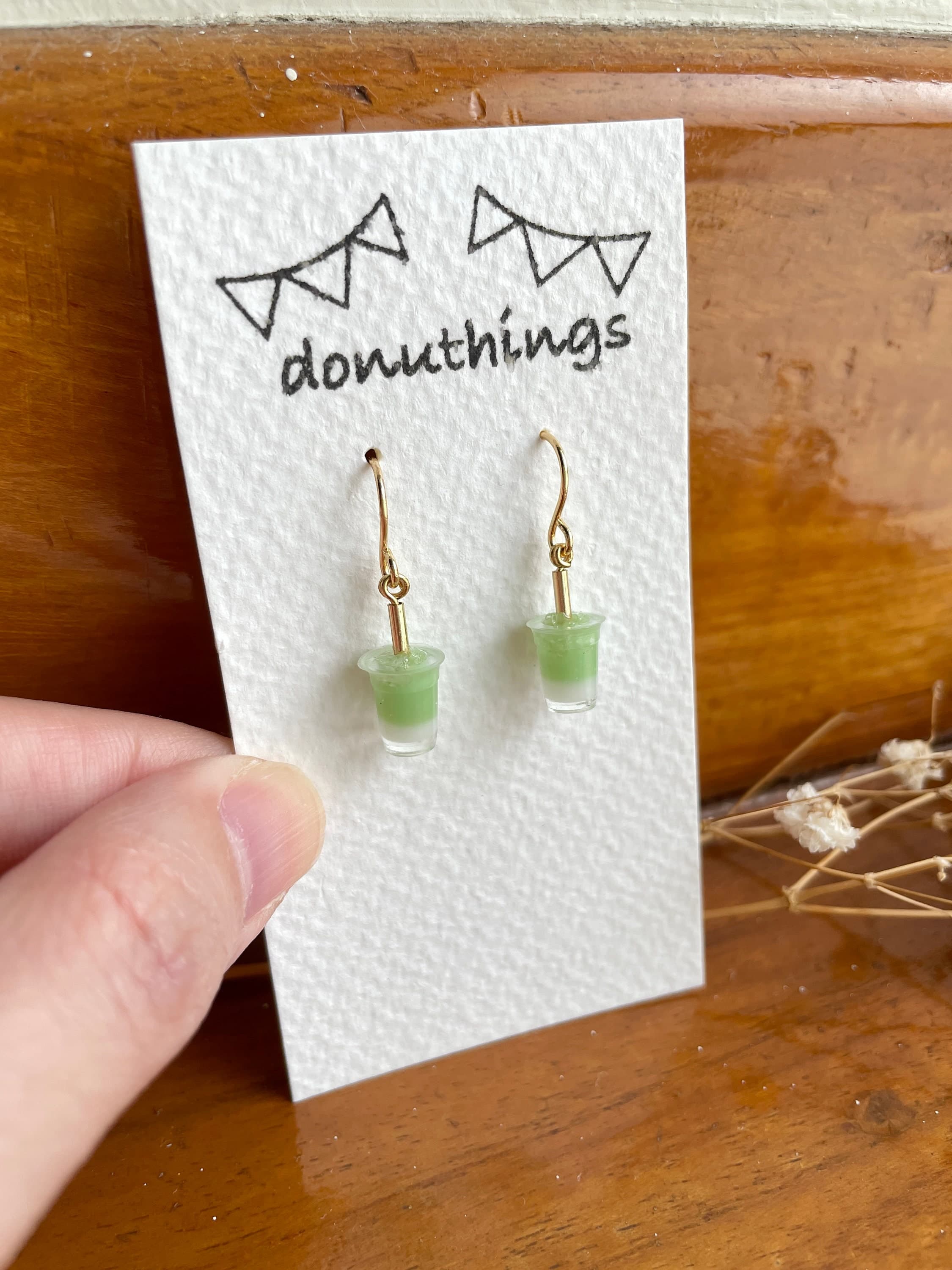 Miniature Matcha Latte Earrings, Stainless Steel Hooks (Handmade by Donuthings) - image 3