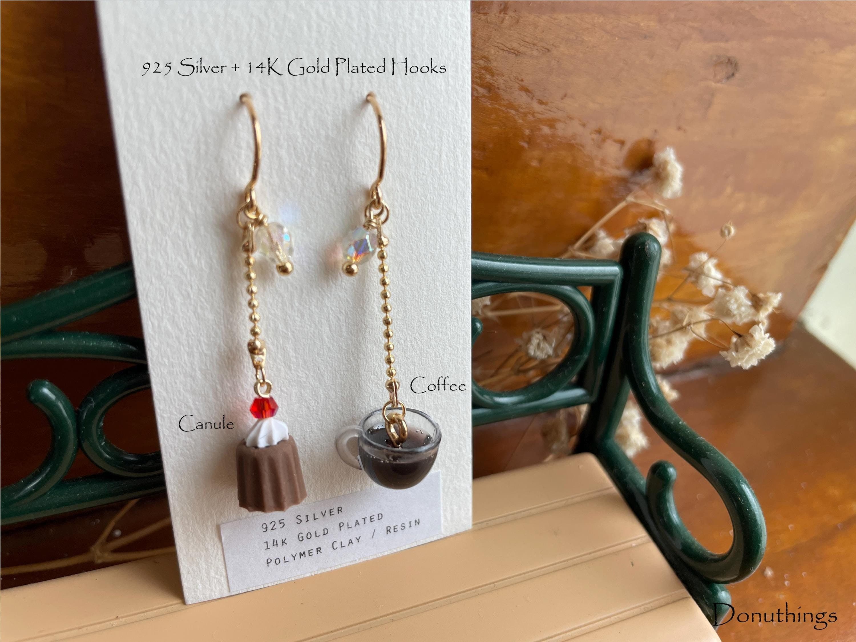 Canele and Coffee Set Earrings, Dangling Polymer Clay Stainless Steel Hooks (Handmade by Donuthings)