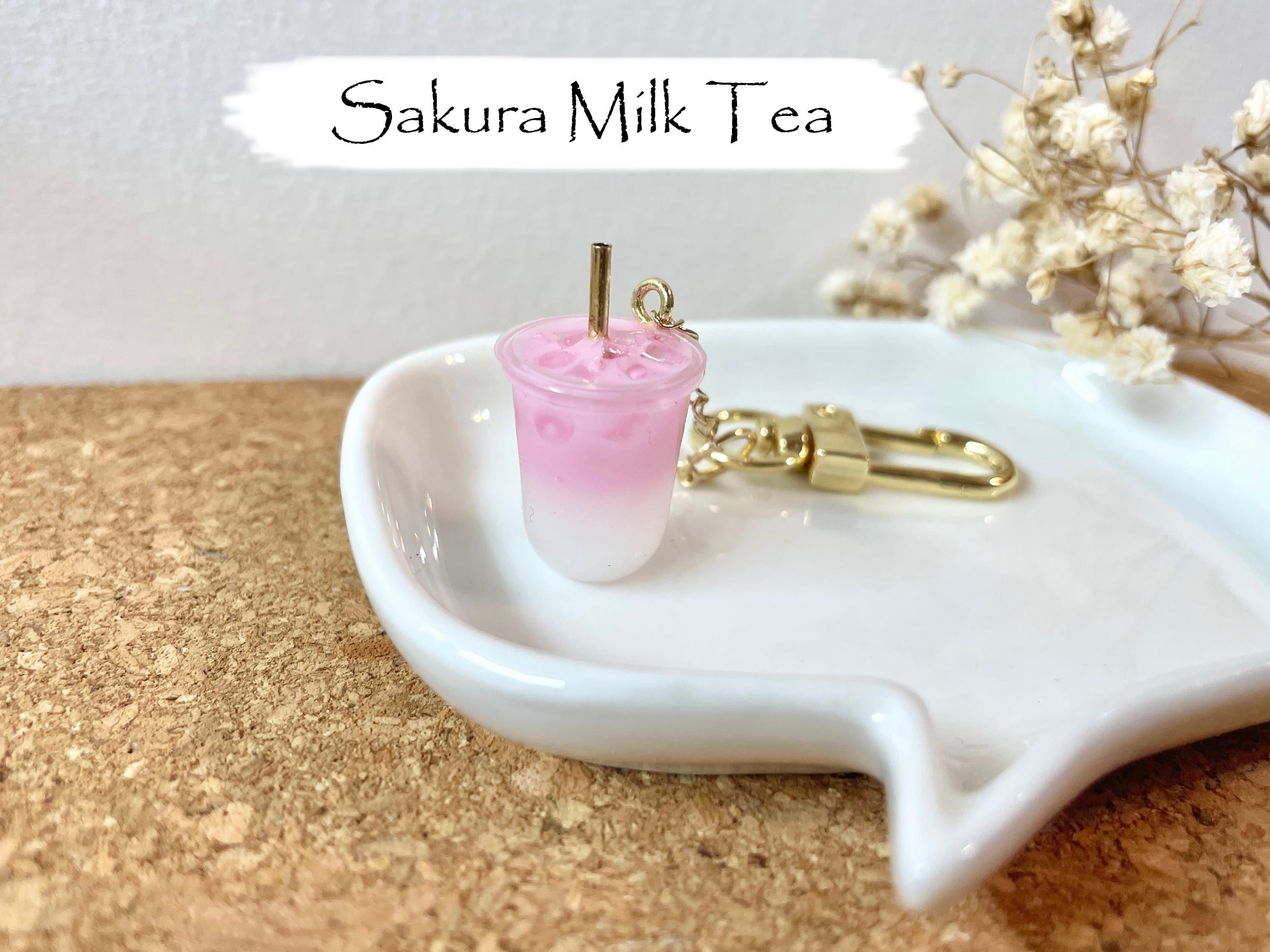 Sakura Milk Tea Keychain with 14k Gold Plated Findings, Anti-tarnish, Anti-Rust (Handmade by Donuthings)