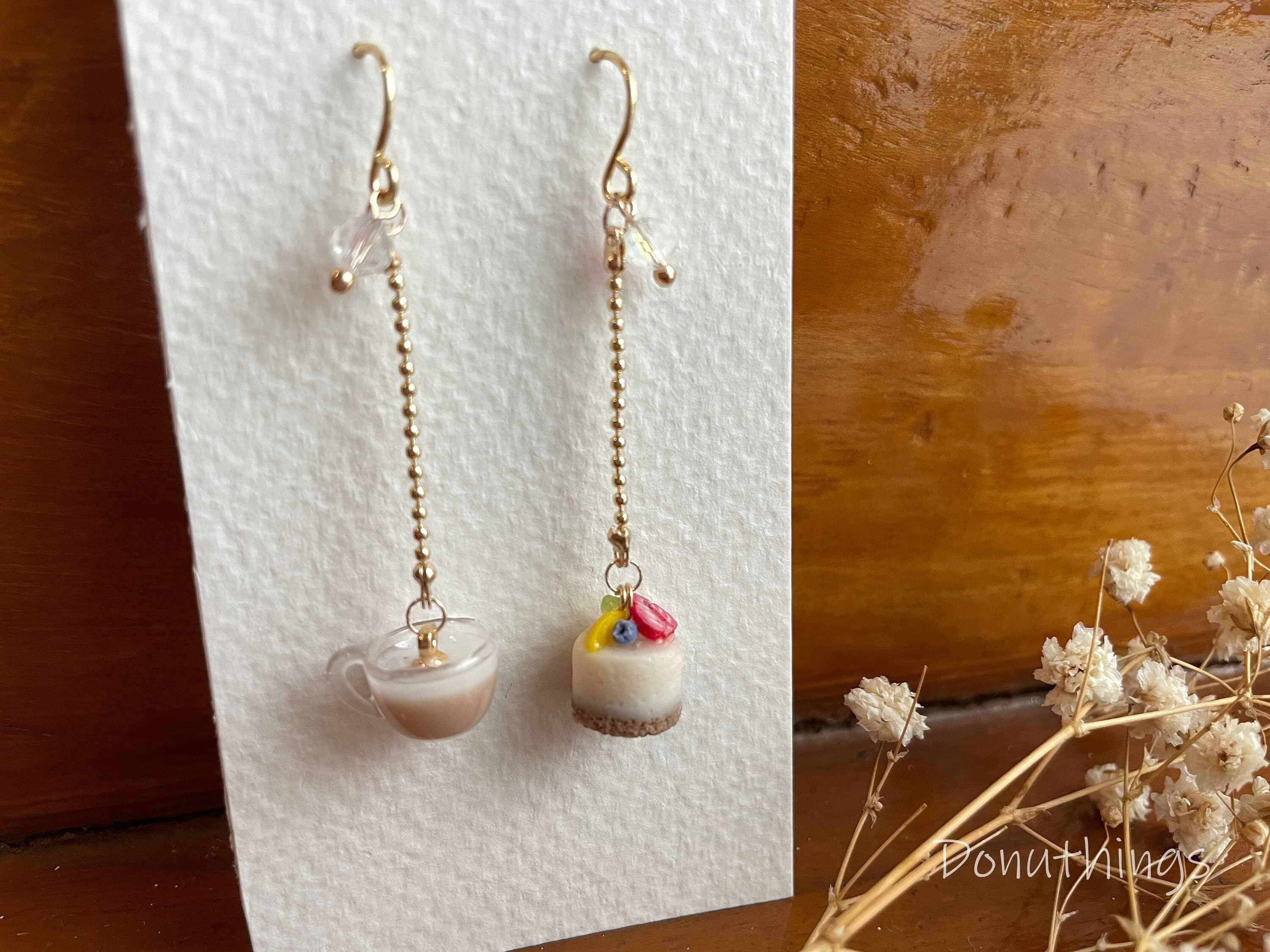 Handmade Afternoon Tea Earrings, Cake and Latte, Stainless Steel Hooks
