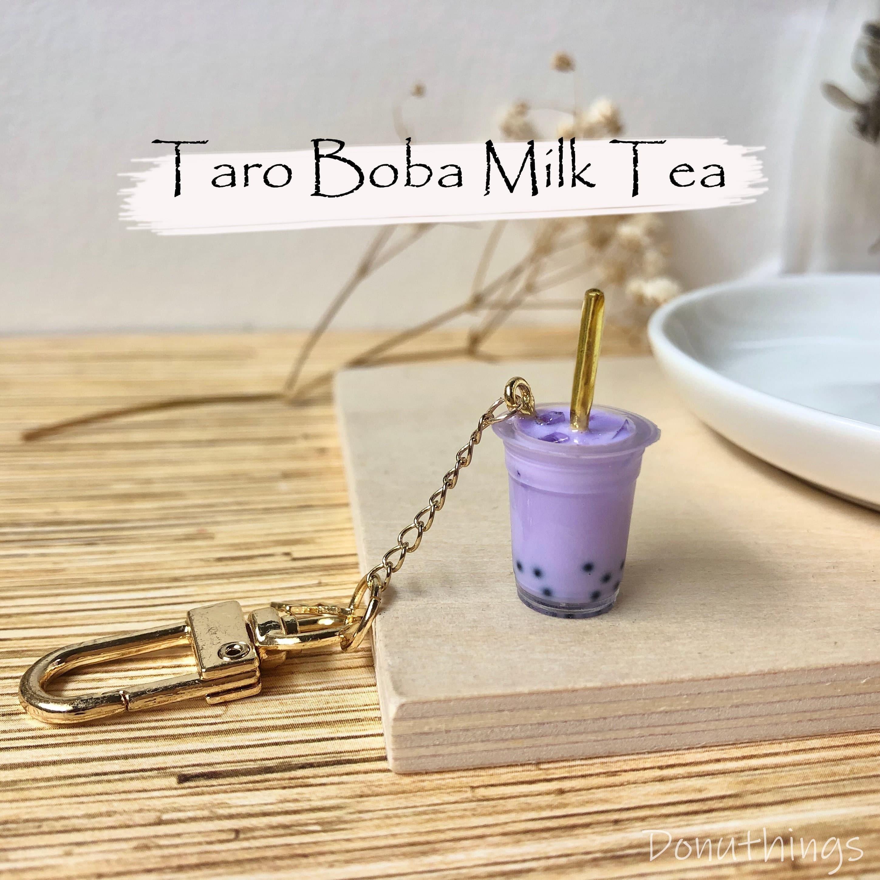 Taro Boba Milk Tea Keychain, 14k Gold Plated Findings
