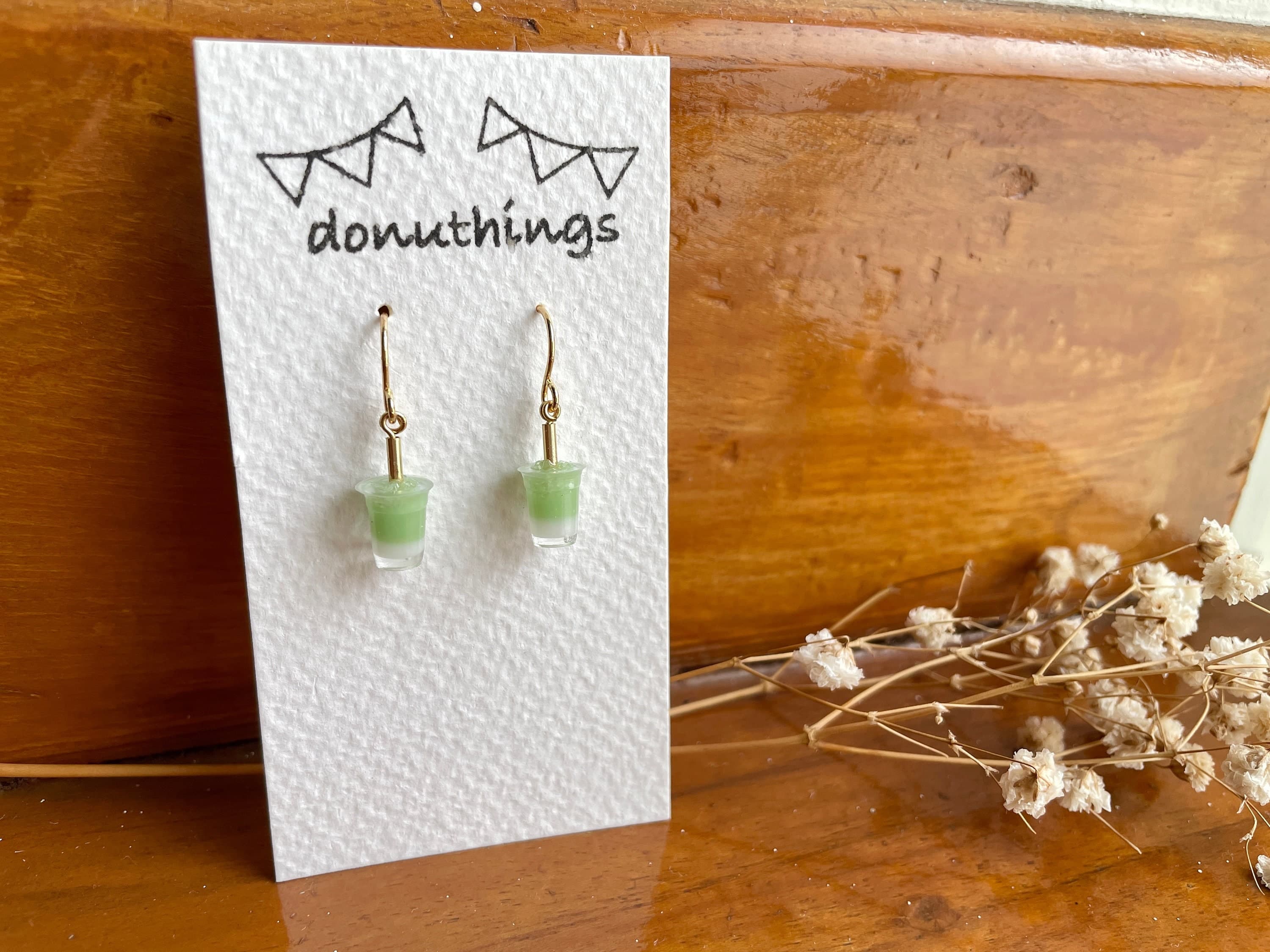 Miniature Matcha Latte Earrings, Stainless Steel Hooks (Handmade by Donuthings)