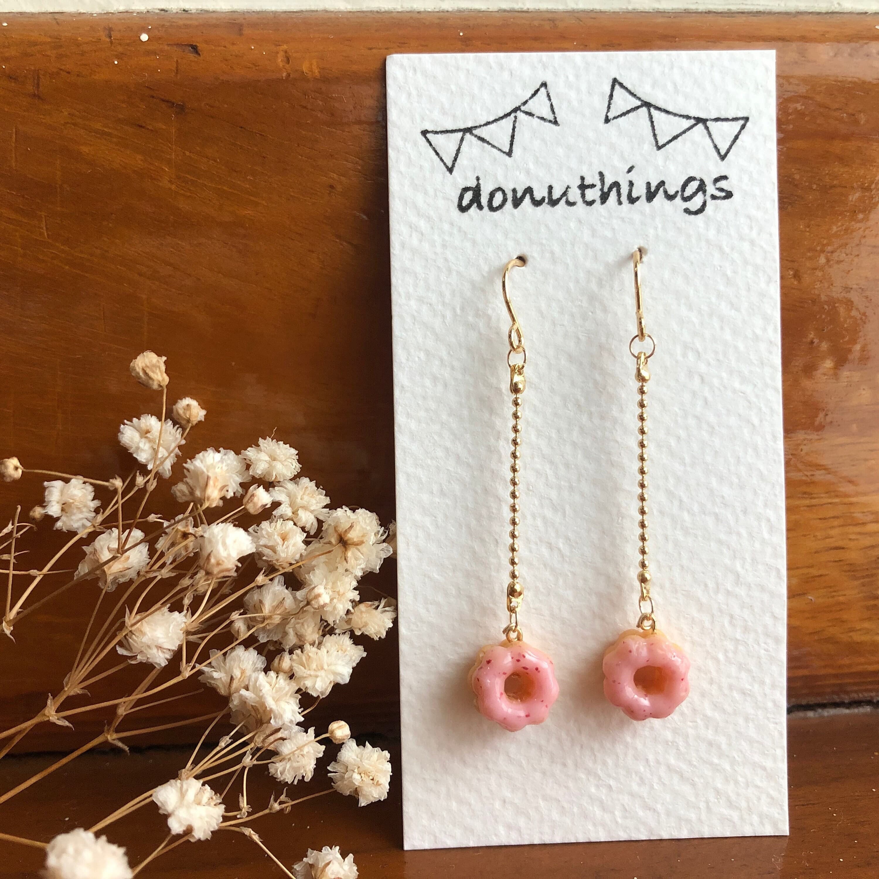 Handmade Strawberry Donuts Dangling Earrings with Stainless Steel Hooks (Handmade by Donuthings)