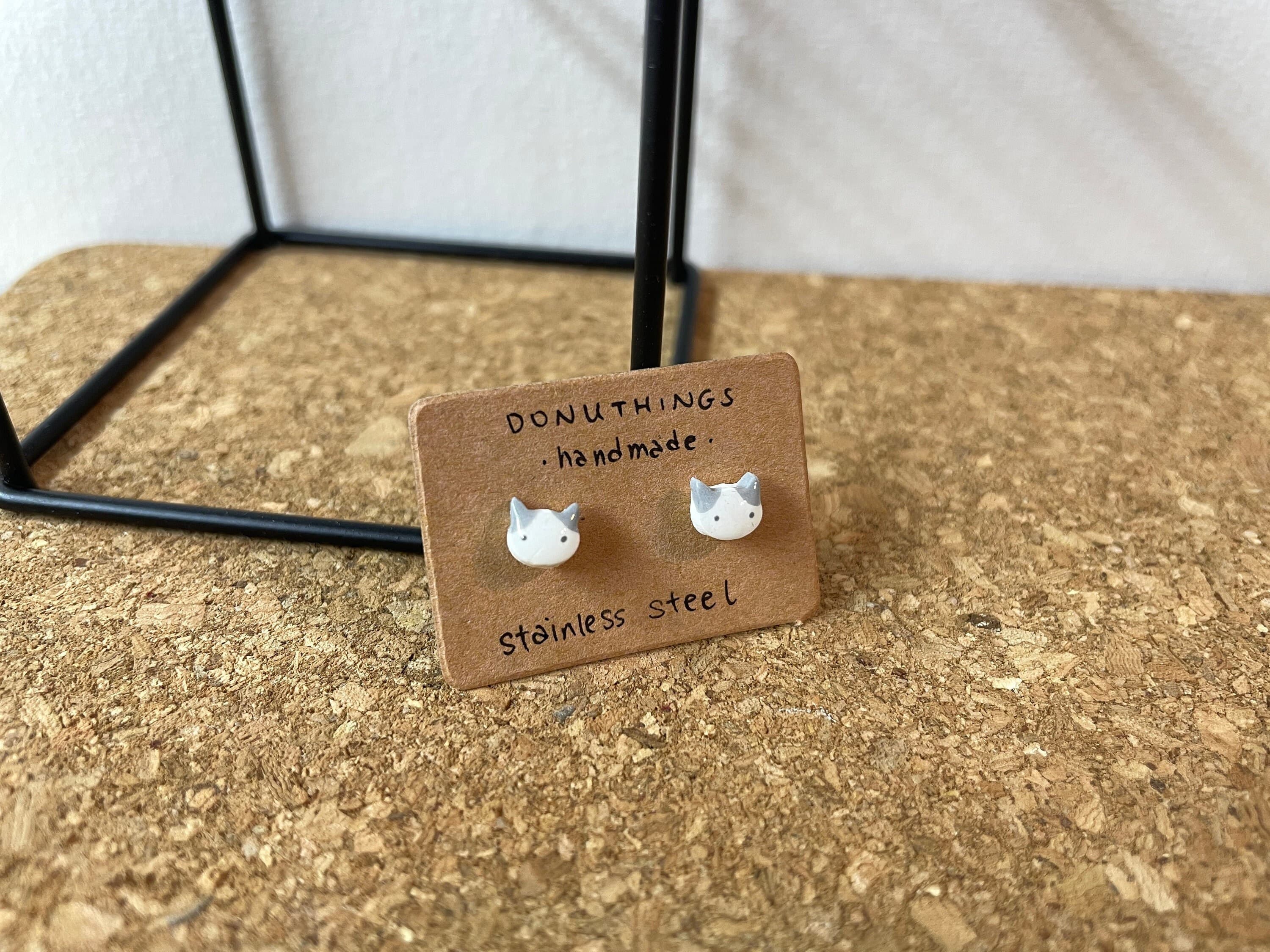 Handmade White Cat Stud Earrings – Stainless Steel, Grey Ears