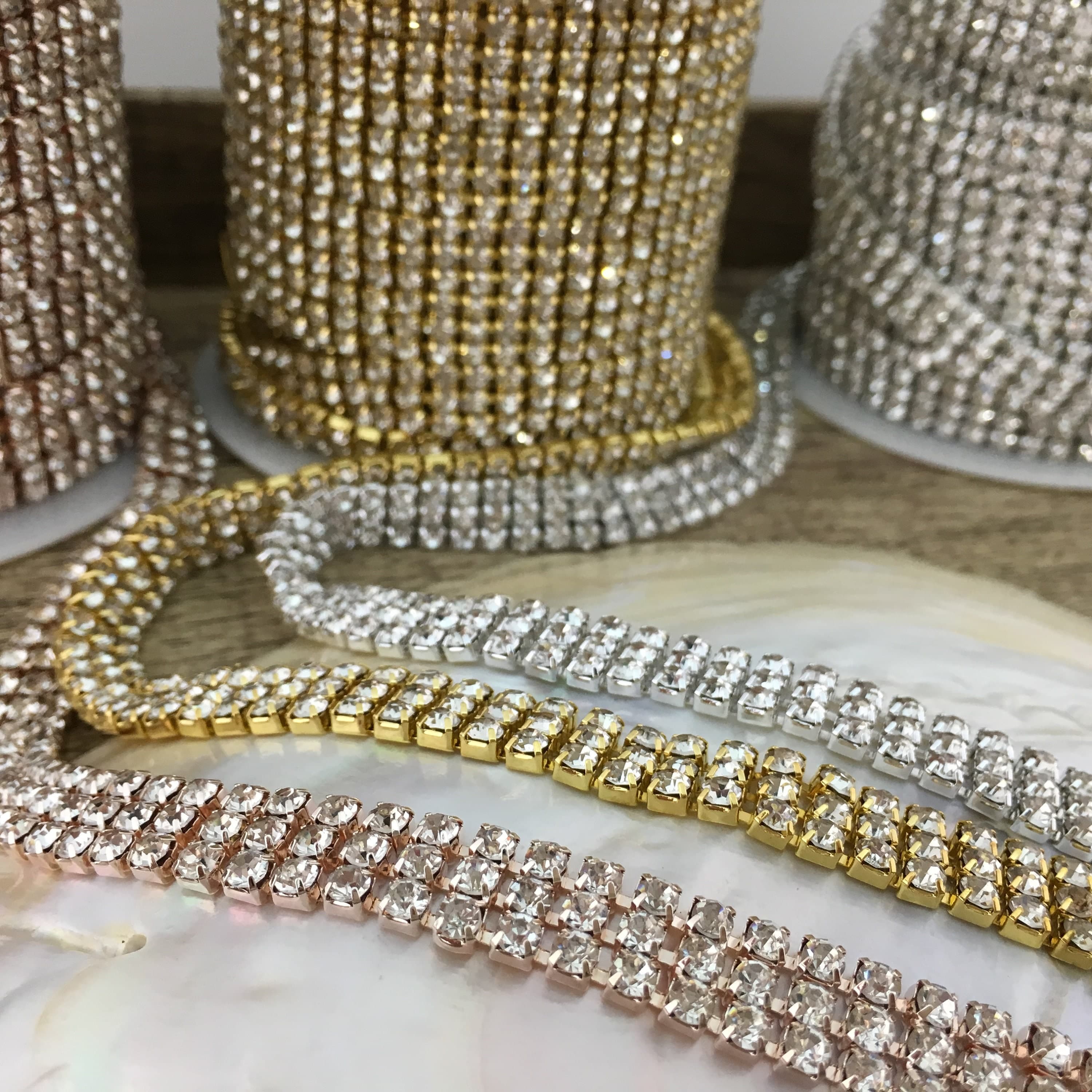 3 Row Rhinestone Chain, Rhinestone Trim, Silver Plated Chain, Gold Plated Chain, Clear Stones Rhinestone chain, AB Stones Rhinestone Chain