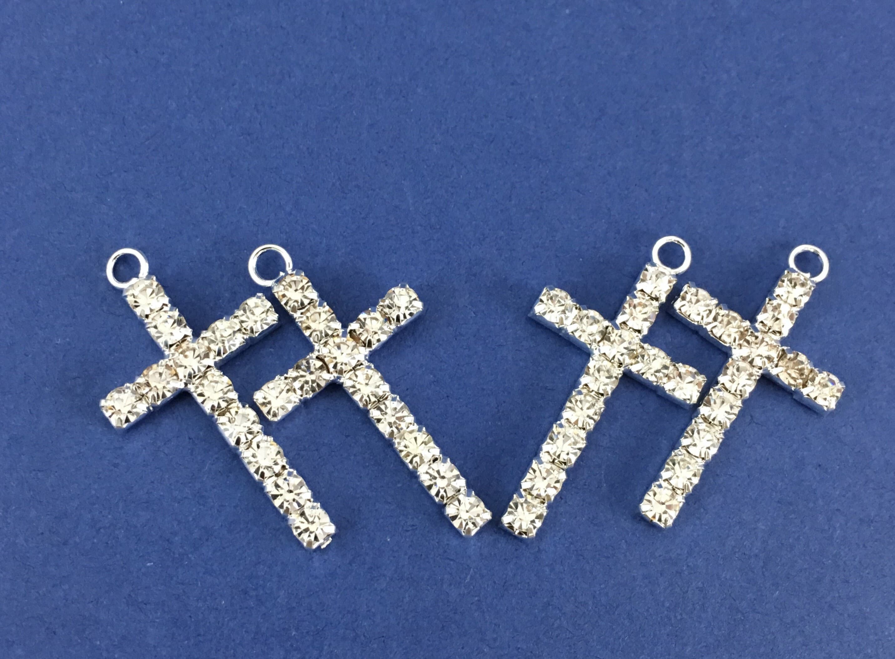 Rhinestone Cross, One Row Rhinestone Silver Cross, Cross Charm Pendant, Crystal Cross, Sideway Cross Charm, Cross Bead, Canadian Supplier