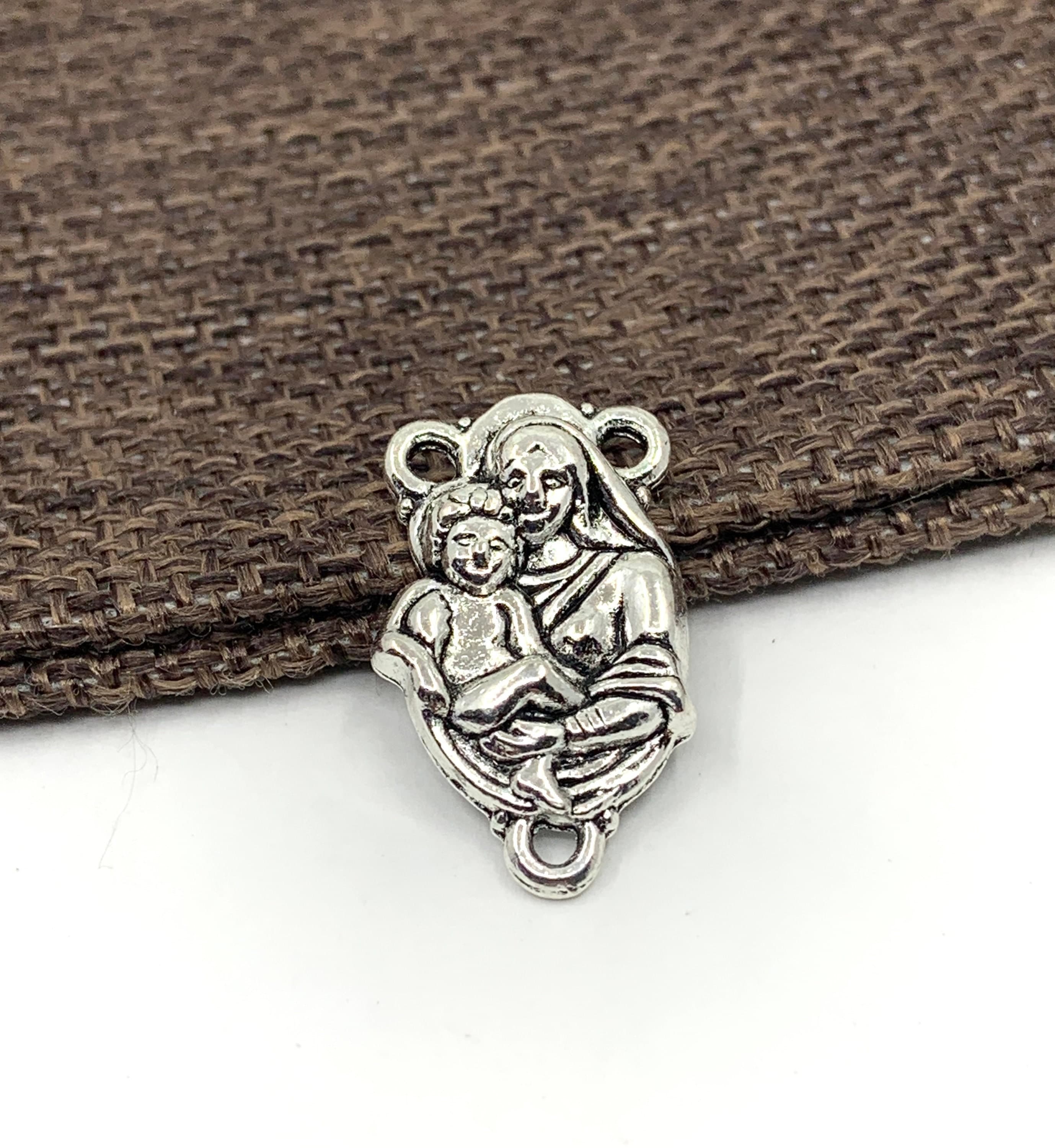 Rosary Centerpiece, Mother Mary & Child Baby, Madonna and Child Rosary Centerpiece, Antique Silver, Supplies