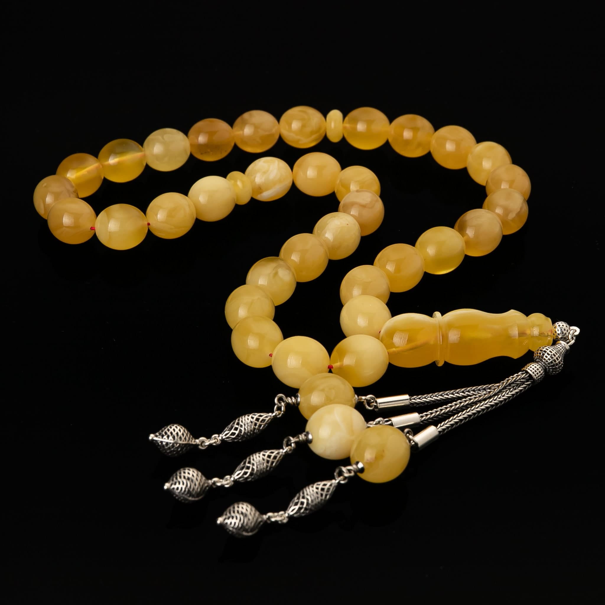 Genuine Baltic Amber Tasbih: Sterling Silver Tassel, Islamic Prayer Beads
