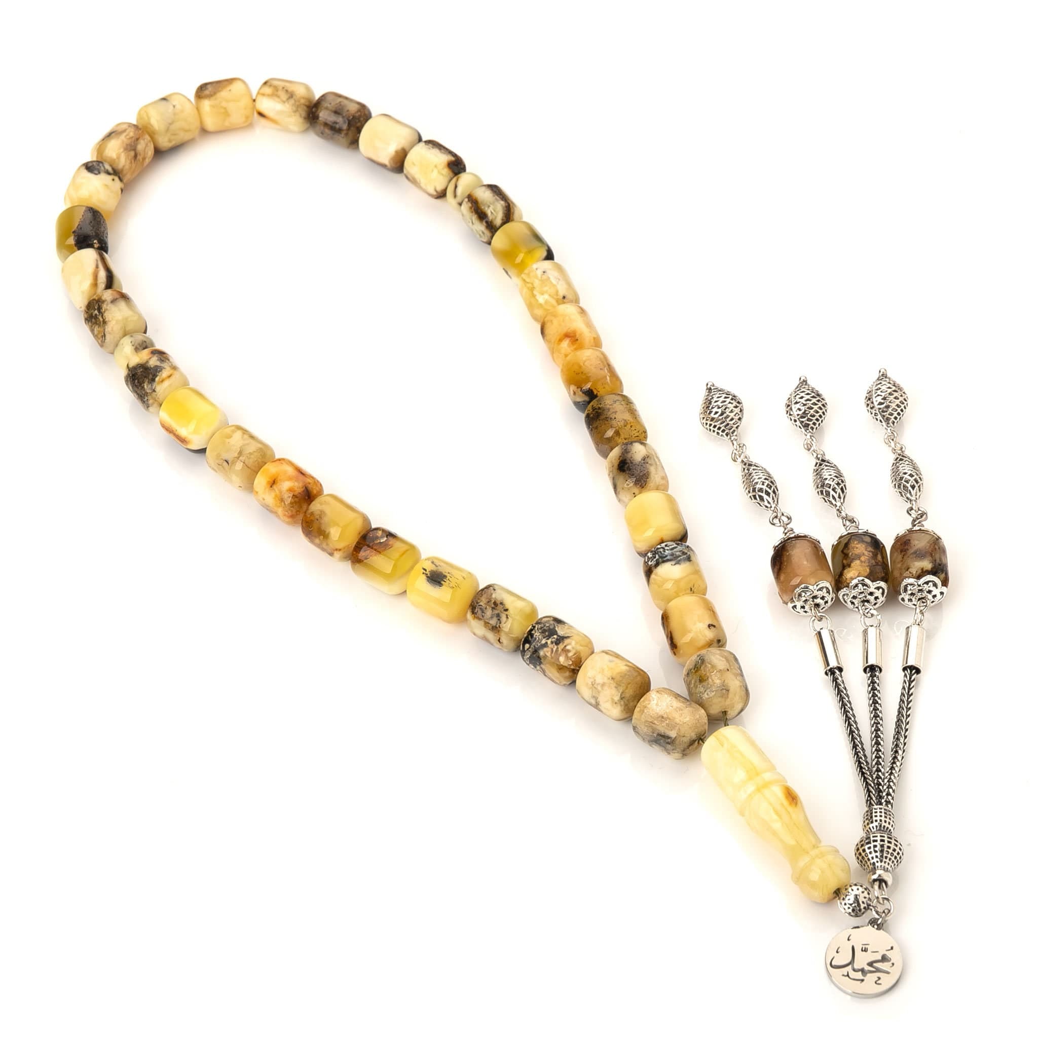 Natural Amber Tasbih-Silver Tassel-Islamic Prayer Beads,43g-Misbaha-كهرمان الماني