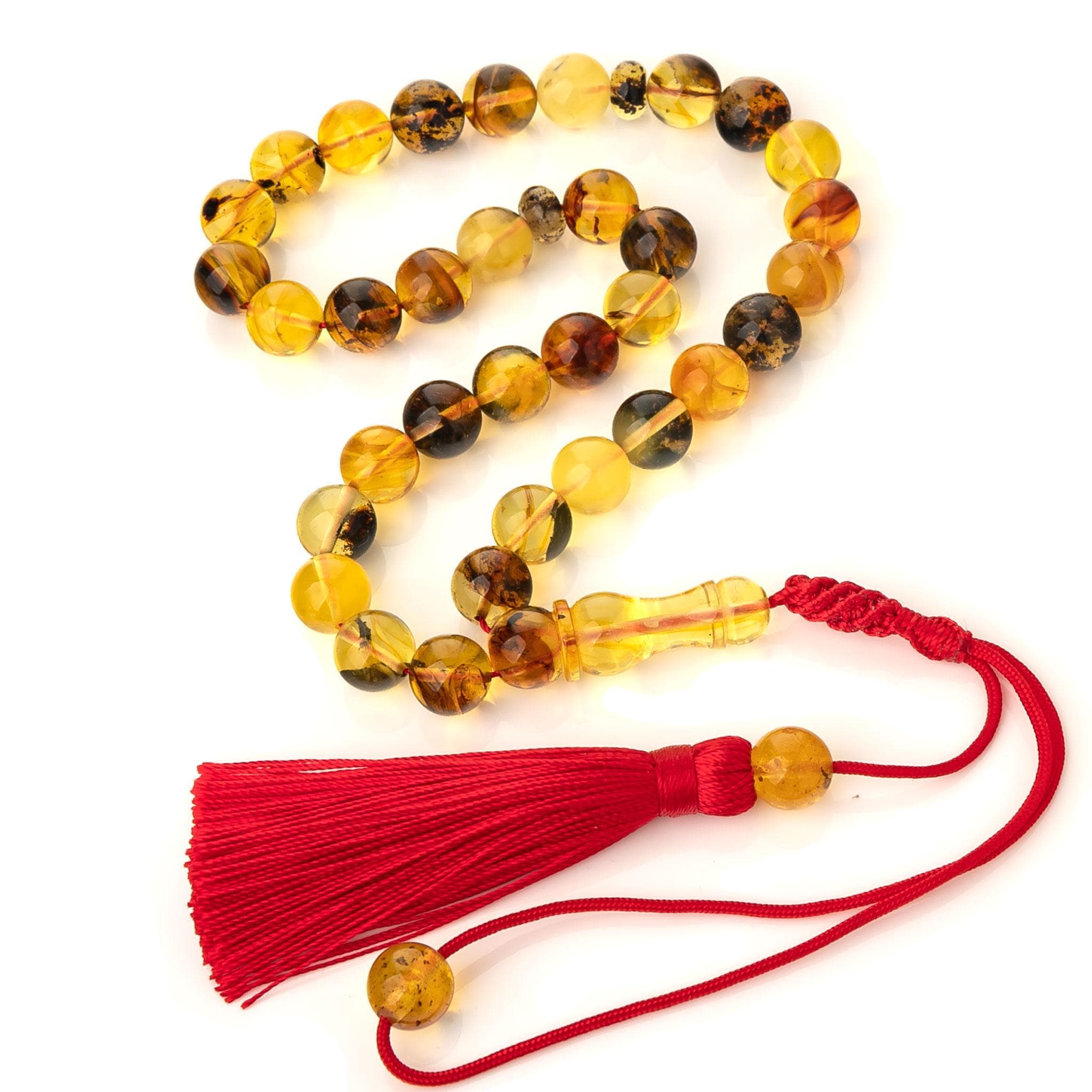 Handmade Genuine Baltic Amber Tasbih with Red Tassel – 33 Islamic Prayer Beads