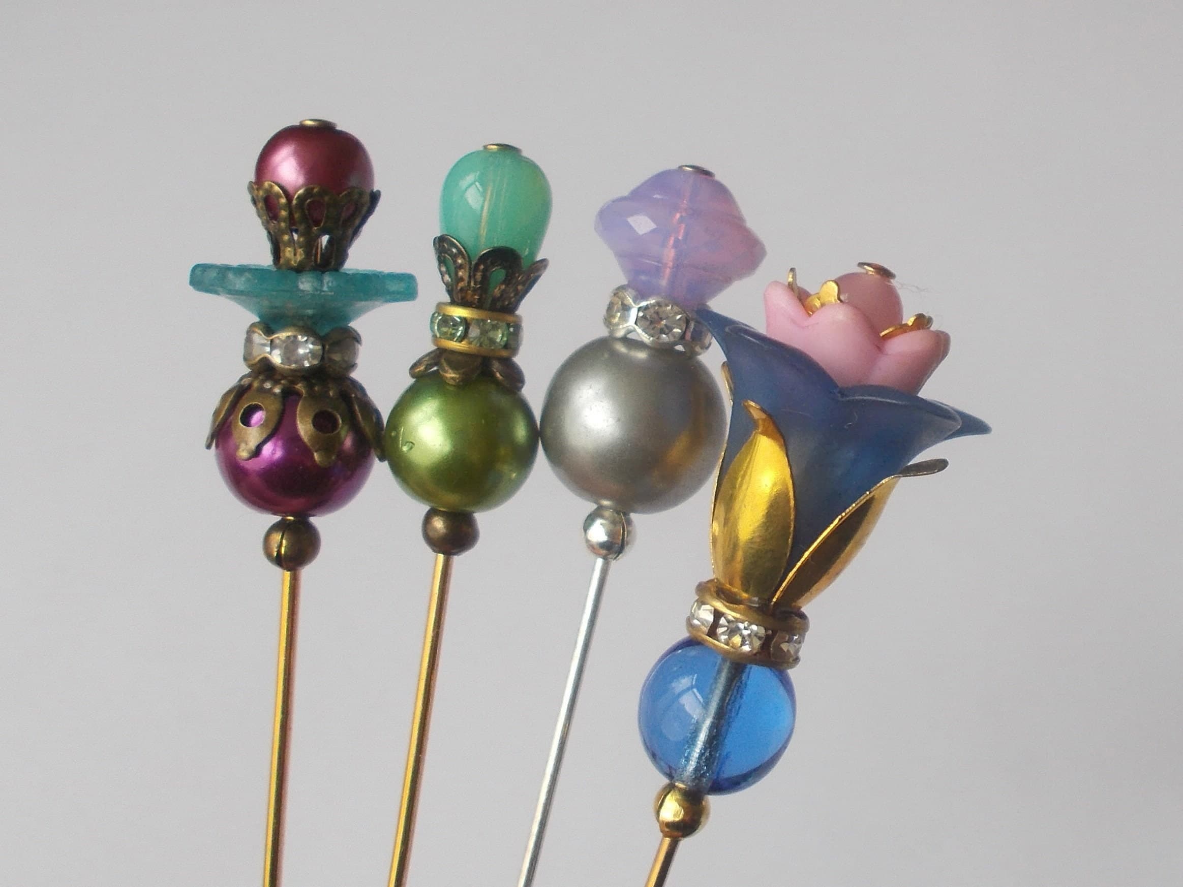 Beaded Hijab Pins: Faux Pearl, Glass, Lucite - Handmade Set of 4